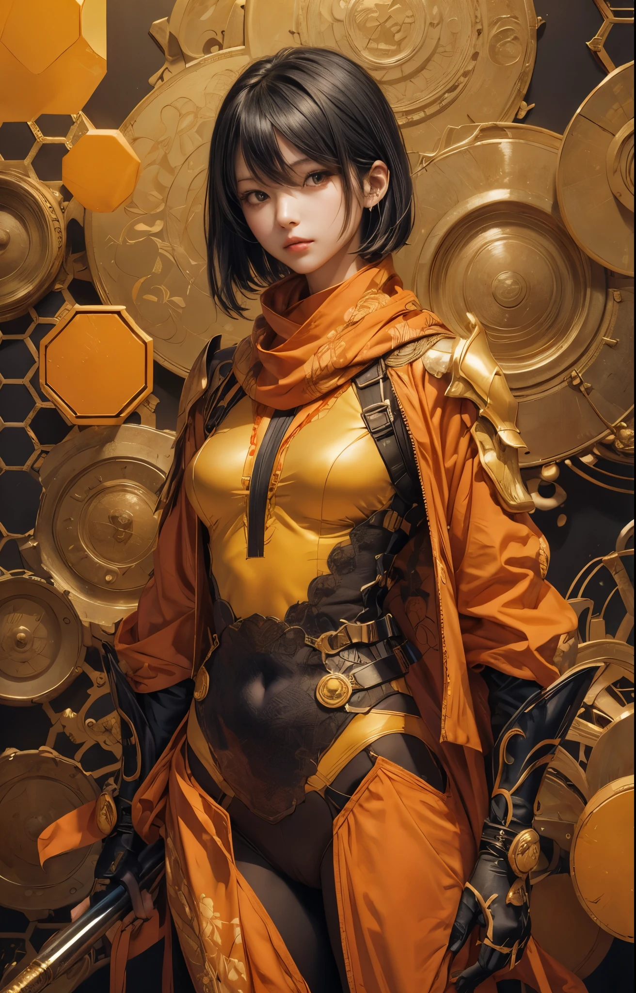 ((Highly accurate drawing in every detail)Extremely precise depiction)[High resolution],(detailed illustrations,とてもfineで緻密な描画,Delicate drawn lines with tempo,Realistic texture expression),[color traced main line],[Shinjuku background at night],(ANIME) (NINJAGirl (beautiful) ) muscular [slim body] short bob cut,([hornet] Orange Ninja Battle Armor) scarf [Stall] ((Fitting rubber inner) [honeycomb] [edge]) hair ornaments (Dull metallic luster:0.8),gravure [KUNOICHI],[high contrast:0.6],(複雑でbeautiful装飾 [Dense detail]),(きめ細やかでbeautiful肌表現 [transparency]),((Precisely drawn eyes))[完璧な目のdetailed((宝石のようなbeautiful瞳)Iris drawn in precise detail)[clearly drawn pupils]],[eyes light[Pinpoint lighting for the eyes]],[長くてbeautiful睫毛],[precisely drawn hair [美しく艷やかな髪のdetailed]],(完璧な手のdetailed [Fingers without breakdown [beautiful nails]]),(perfect anatomy(perfectly balanced proportions))[[full body portrait]],[[Design built to the highest level]][ideal color coordination(Accurate simulation of light and material interactions)],([Precision Detail](detailed,高fine)),[Visual art that tells a story],((highest quality)fine[[High density drawing]])(4K quality).