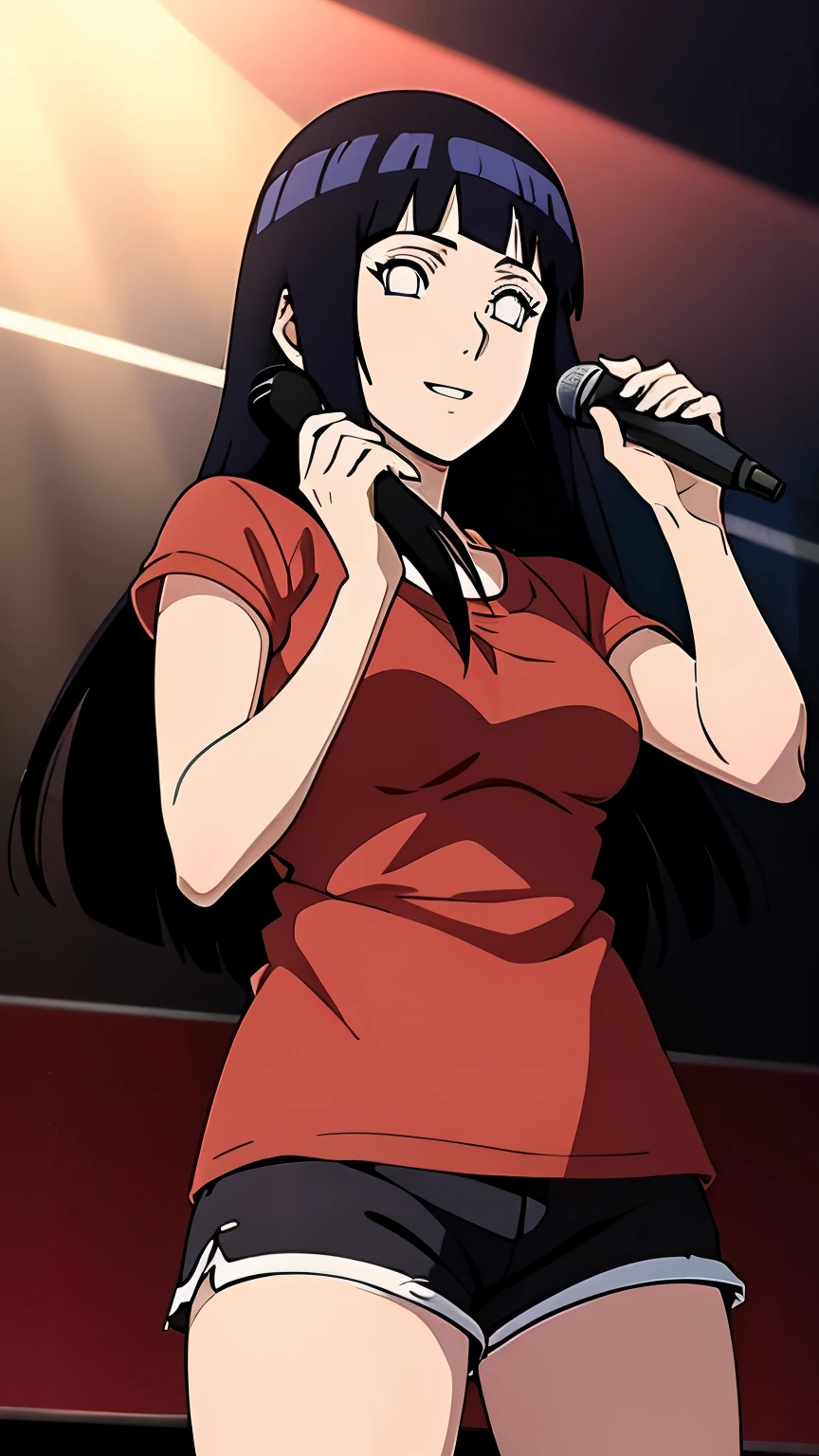 anime character, Hinata Hyuga, plain red t-shirt, black shorts, holding mic, portrait, on stage, happy expression, realistic light and shadow, perfect, natural, very perfect, very detailed