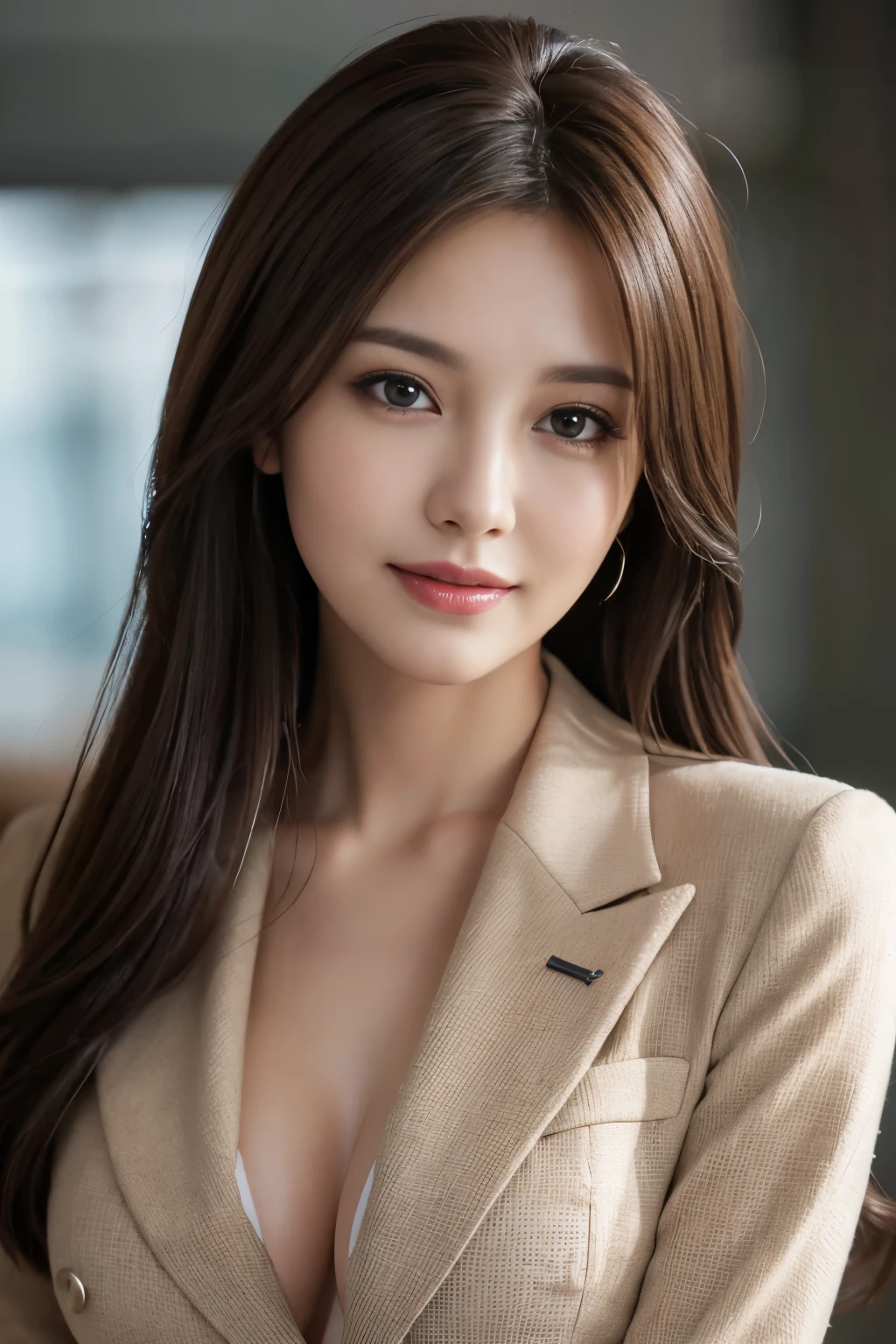 table top, highest quality, realistic, super detailed, finely, High resolution, 8k wallpaper, 1 beautiful woman,, light brown messy hair, wearing a business suit, sharp focus, perfect dynamic composition, beautiful and fine eyes, fine hair, Detailed realistic skin texture, smile, close-up portrait, model body shape