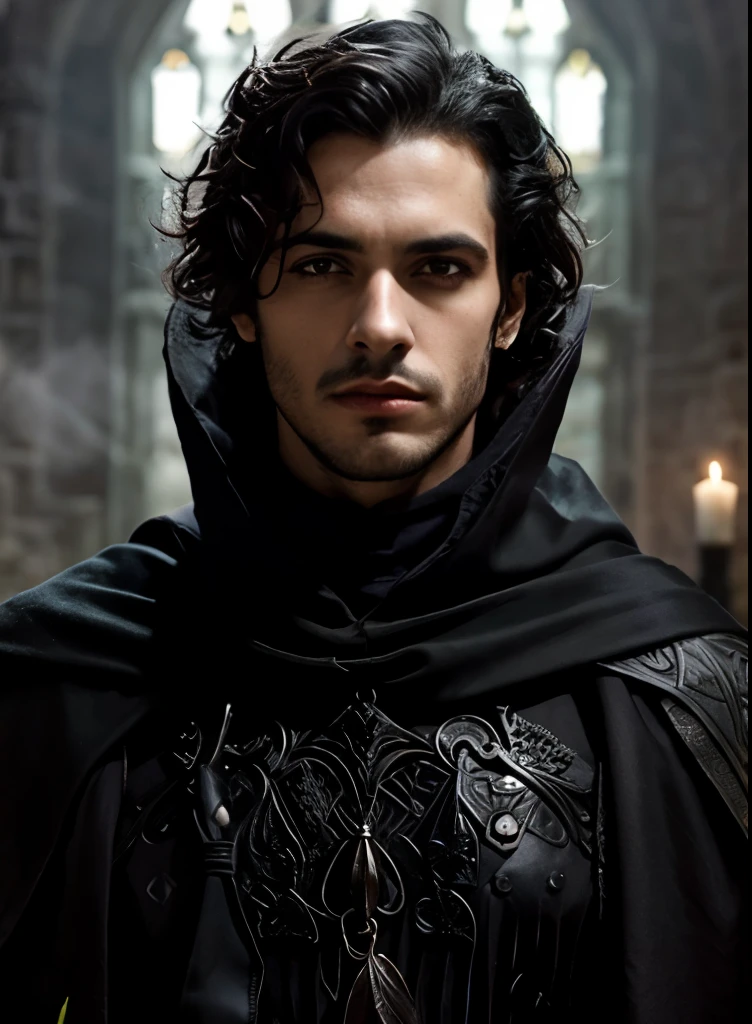 homem arafado em uma capa preta e uma capa preta, retrato masculino de fantasia, handsome vampiro masculino, vampiro masculino, Paulo Atreides, Edmund Blair e Charlie Bowater, nobre elfo masculino em vestes pretas, retrato de Merlim, feiticeiro malvado, arsen lupin como paladino, lindo elfo masculino, foto de personagem de fantasia, como um personagem de fantasia medieval