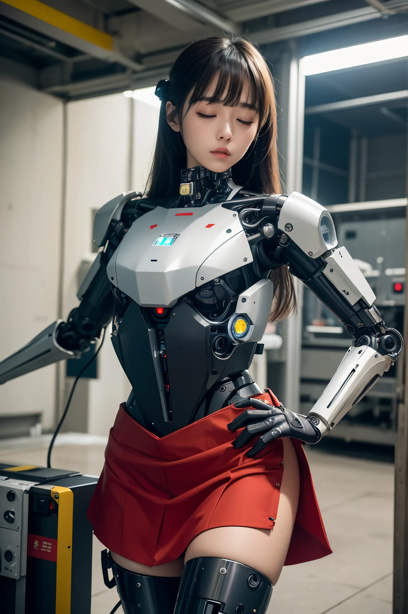 masterpiece, best quality, extremely detailed, Japaese android girl,Plump , control panels,android,Droid,Mechanical Hand, Robot arms and legs,Blunt bangs,perfect robot girl,long tube,thick cable connected her neck,android,robot,humanoid,cyborg,japanese cyborg girl ,future laboratory,robot laboratory,maintenance,connecting a cable between the legs,skirt, She is charging now,(sleep mode:1.5)(closing eyes:1.5)