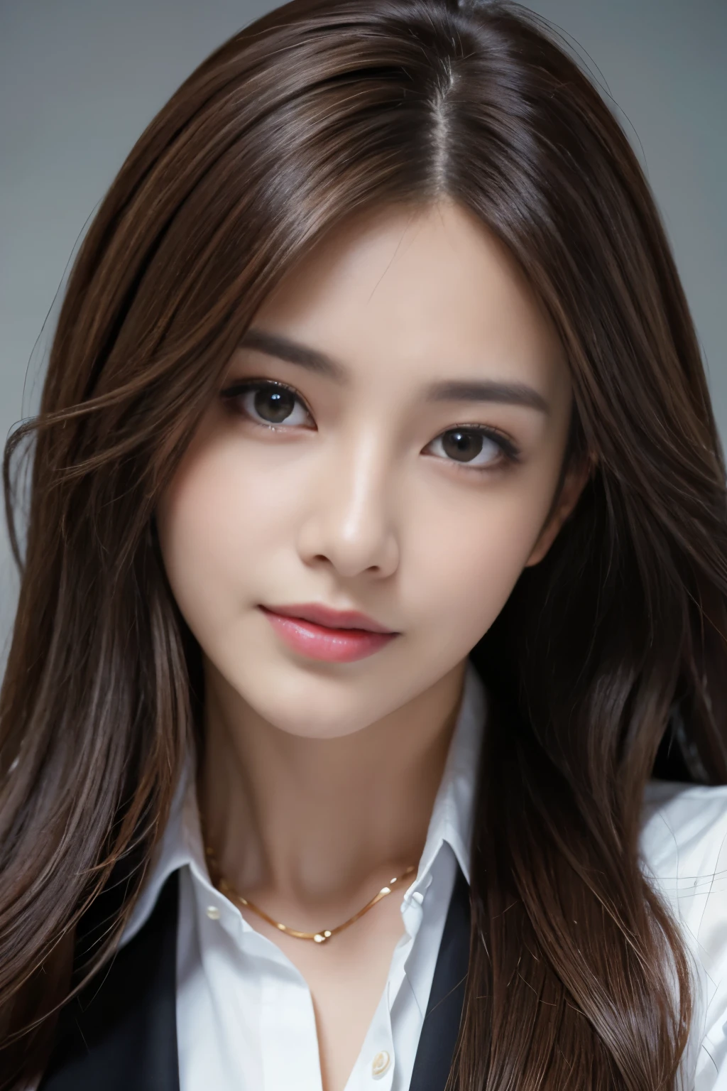 table top, highest quality, realistic, super detailed, finely, High resolution, 8k wallpaper, 1 beautiful woman,, light brown messy hair, wearing a business suit, sharp focus, perfect dynamic composition, beautiful and fine eyes, fine hair, Detailed realistic skin texture, smile, close-up portrait, model body shape