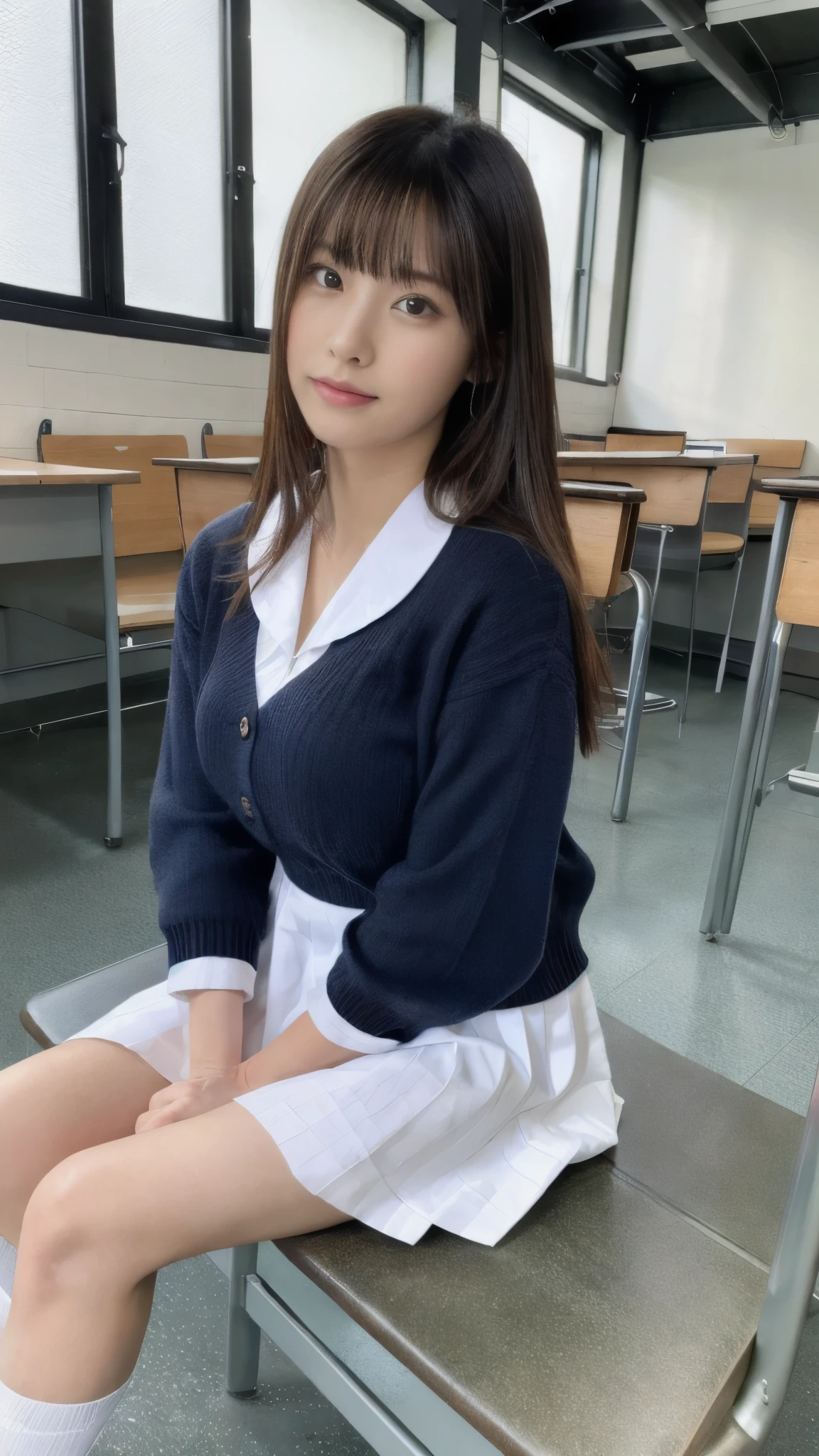 (masterpiece、highest quality、Ultra - High resolution、8K）、Colorful、flat color、Depth of bounds written、Lens flare One very beautiful girl、bewitching look、sitting cross-legged、big breasts,black haired、looking at the viewer、School、classroom、pleated mini skirt、Please take off your uniform、serafuku、black pantyhose、Detailed texture、fine cloth texture、beautiful and detailed face、30 year old beauty、adult atmosphere、shirt lift,
