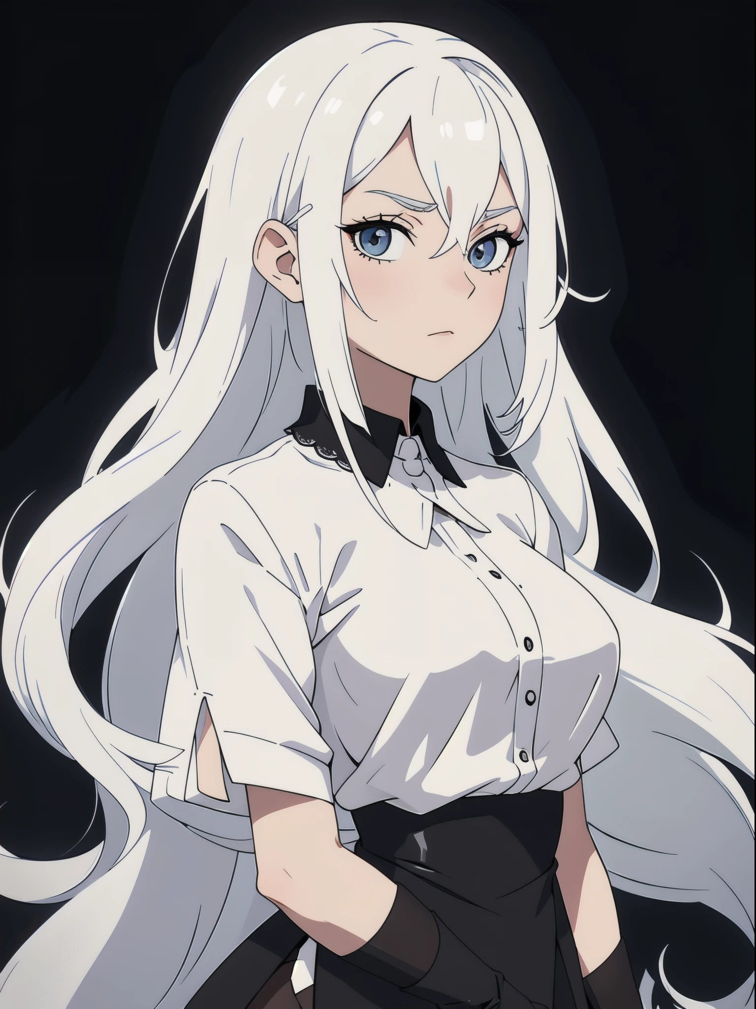 ((White hair)),((Head and Shoulders Image)),(super-long hair),Sexy,A person,Alone,Simple style,pancake ,Simple details,Black background,Empty background,Black background wall,(20 year old woman),(Droopy hair),(White Gloves),(Evening Gown),(Lace Shirt),Lace,(confidence)