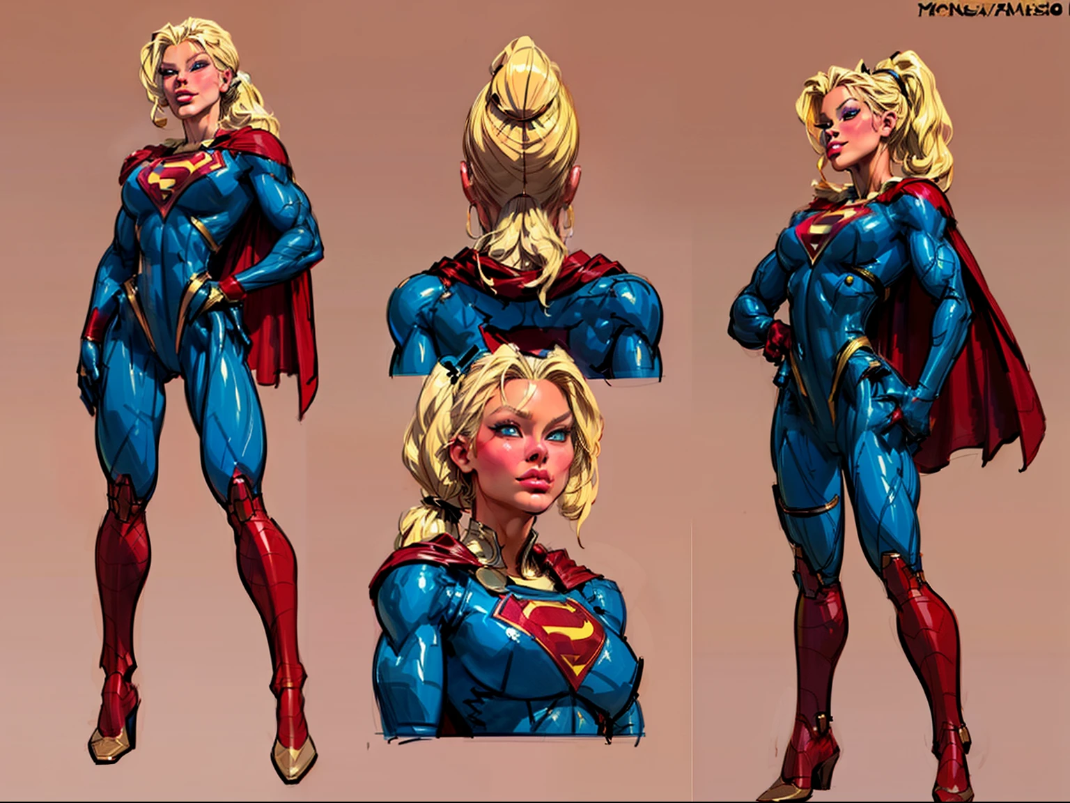 ((masterpiece)),(((best quality))),((character design sheet)), ((full body view)) illustration,1girl, muscular, ((blue bodysuit:1.5)), superhero, (blonde ponytail:1.4), (red cape:1.4) ((detailed face:1.4)) beautiful woman, (red thighhighs:1.3)shiny skin, (gold emblem on chest:1.2),scribbles and marks, (puffy lips:1.5), rough sketches, pose, 8k,16k, (simple background, white background: 1.3)