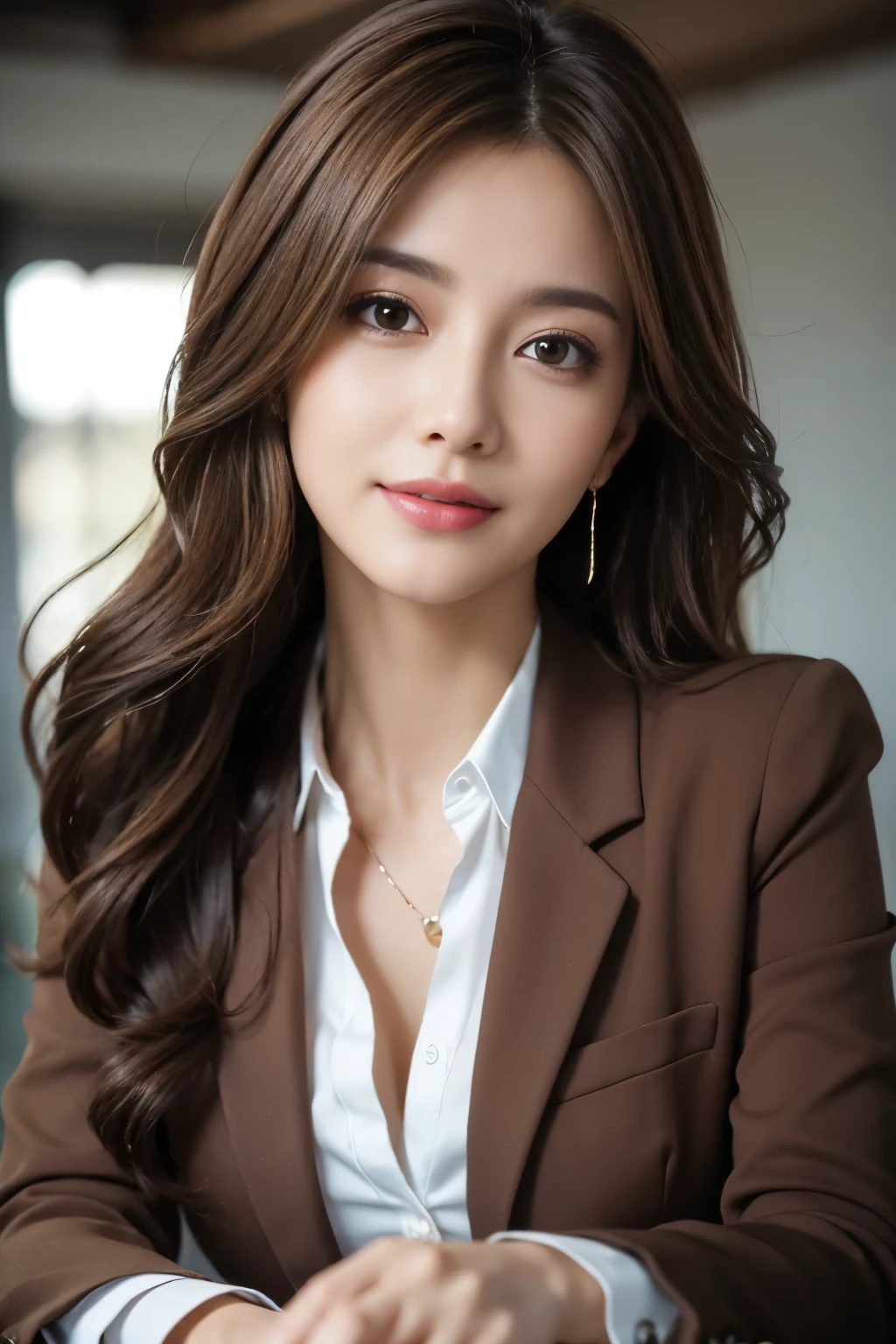 table top, highest quality, realistic, super detailed, finely, High resolution, 8k wallpaper, 1 beautiful woman,, light brown messy hair, wearing a business suit, sharp focus, perfect dynamic composition, beautiful and fine eyes, fine hair, Detailed realistic skin texture, smile, close-up portrait, model body shape
