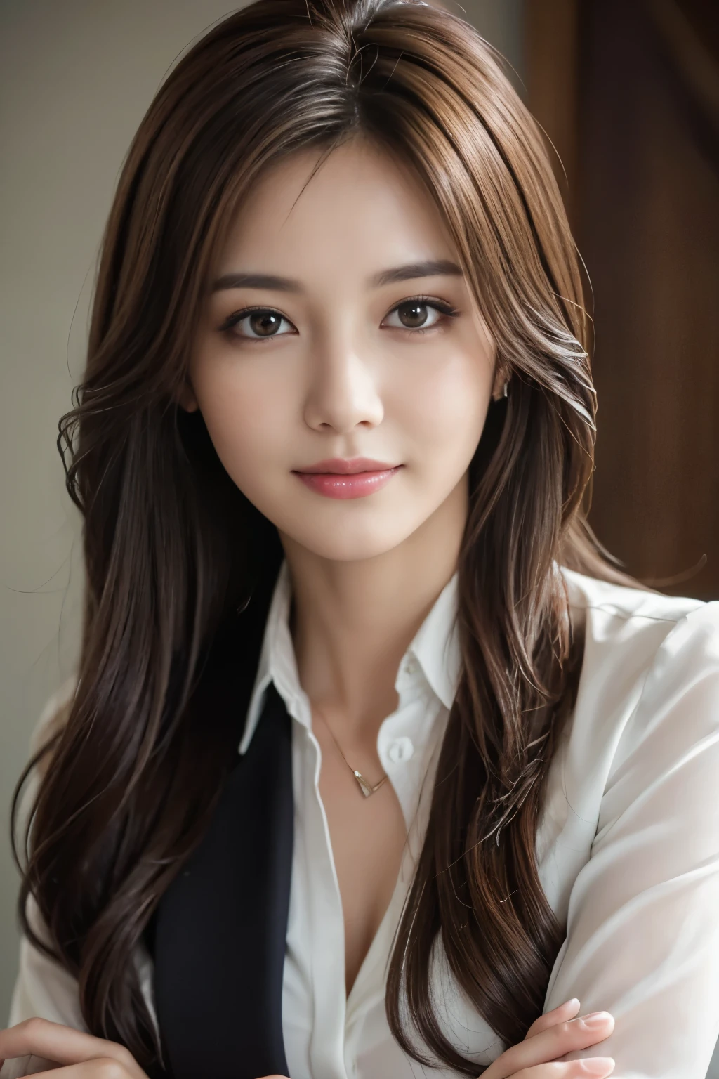 table top, highest quality, realistic, super detailed, finely, High resolution, 8k wallpaper, 1 beautiful woman,, light brown messy hair, wearing a business suit, sharp focus, perfect dynamic composition, beautiful and fine eyes, fine hair, Detailed realistic skin texture, smile, close-up portrait, model body shape