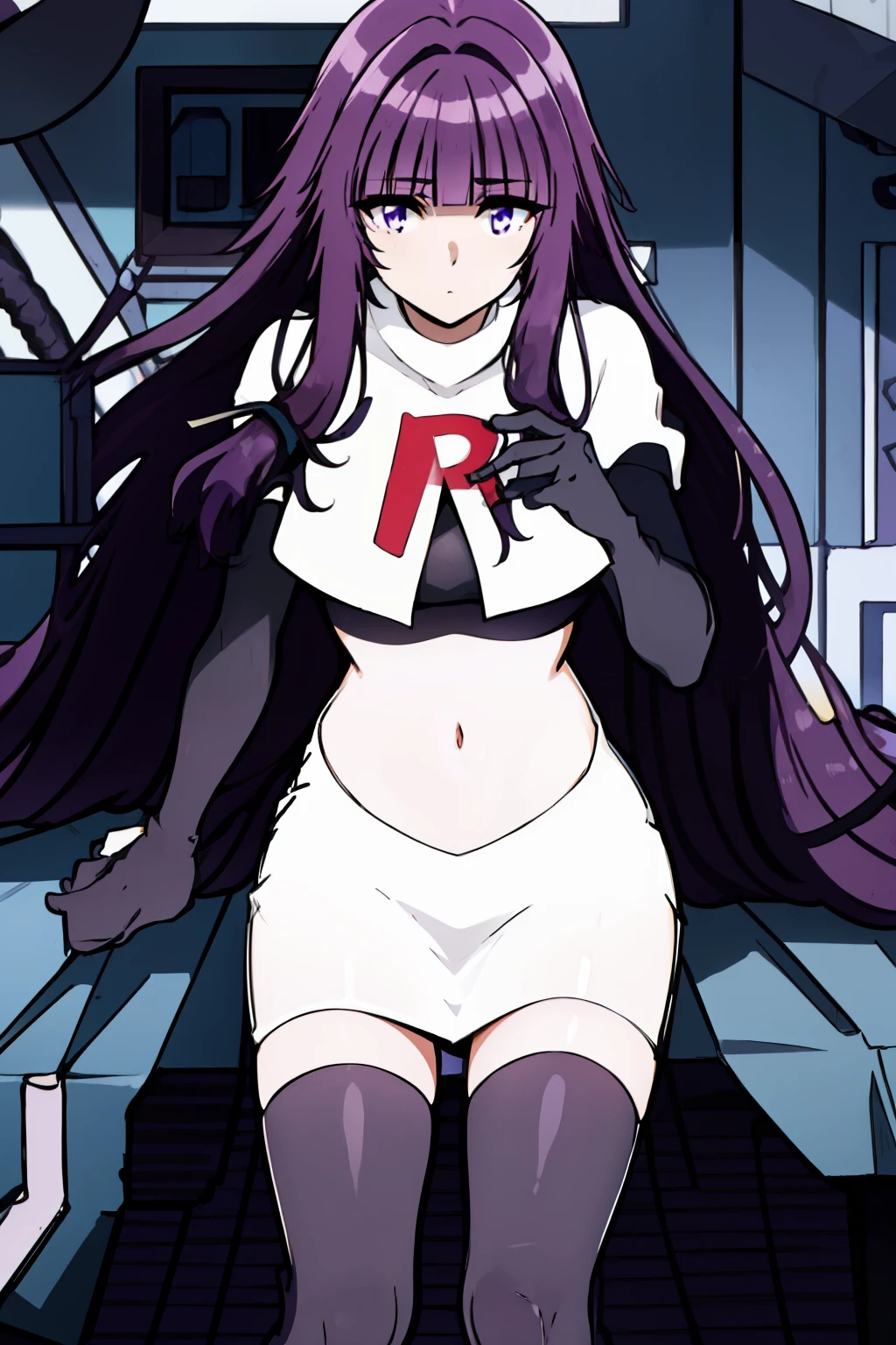 1girl, bangs, blunt_bangs, breasts, eyebrows_visible_through_hair, gloves, long_hair, looking_at_viewer, medium_breasts, purple_eyes, purple_hair, solo, very_long_hair, team rocket,team rocket uniform,white skirt,red letter R,crop top,black thigh-highs,black elbow gloves