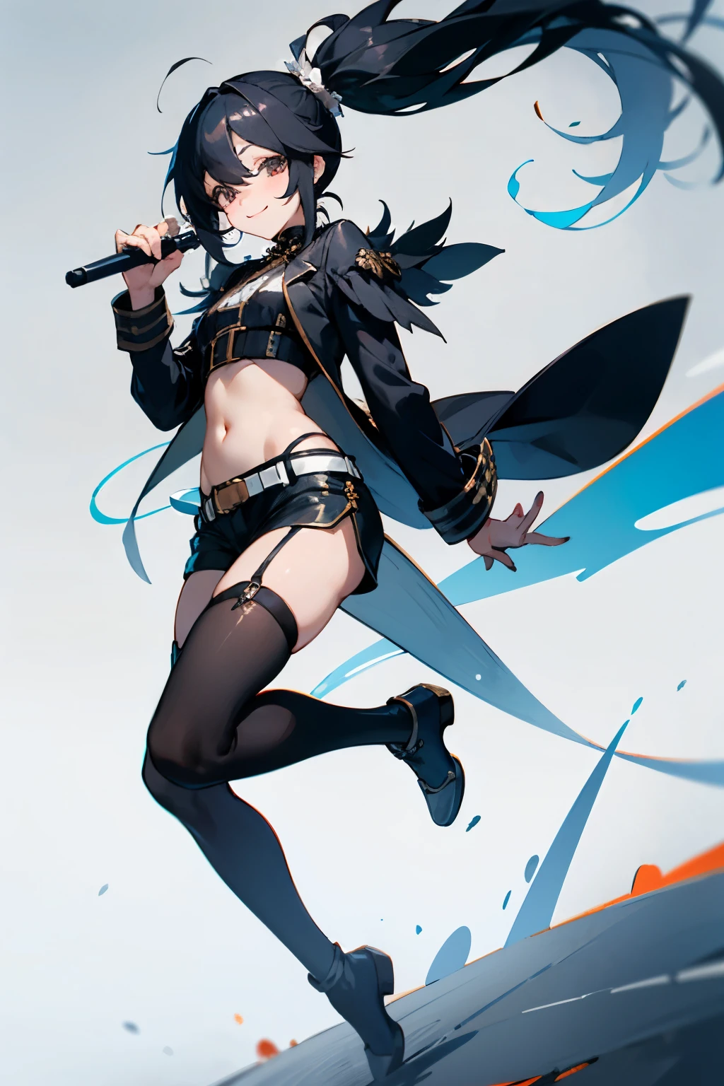 Like a visual kei band，Flashy costumes，Shorts，Thick sole，belt，black hair，side ponytail，long hair that reaches waist，Navel exposed，smile，Drooping eyes，Marume，White base，band pine，gothic rock，garter ring，whole body