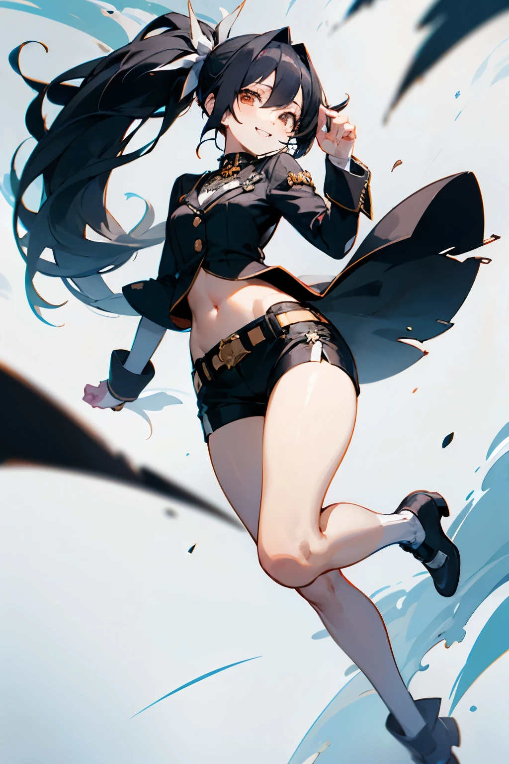 Like a visual kei band,Flashy costumes,Shorts,Thick sole,belt,black hair,side ponytail,long hair that reaches waist,Navel exposed,smile,Drooping eyes,Marume,White base,band pine,gothic rock,garter ring,whole body