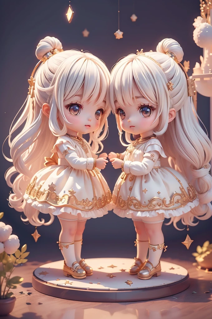 8K,cute twins,two persons,necklace,baby chibi,woman,adorable,fluffy,comics,cinematic lighting effects,charming,3D vector art,cute and quirky,fantasy art,Blur,hand drawn,digital painting,soft lighting,Isometric style,4K resolution,photorealistic rendering,very detailed clean,vector image,A photorealistic masterpiece,shining starry sky,Gemini,astrology,cute twin kids,delicate depiction,beautiful background,White and black hair,twin