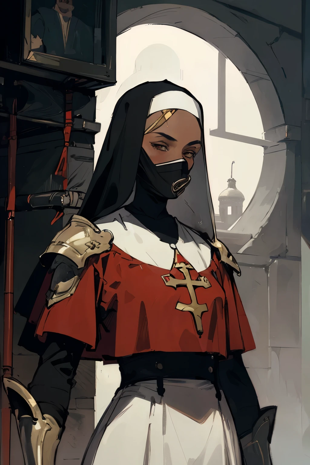 portrait of 1 brunette woman, tan, battle stance, futuristic armor, red eclipse, futuristic, detailed, nun attire, nun covering, elegant mouth covering, ( methurlant), (masterpiece, best quality:1.3),