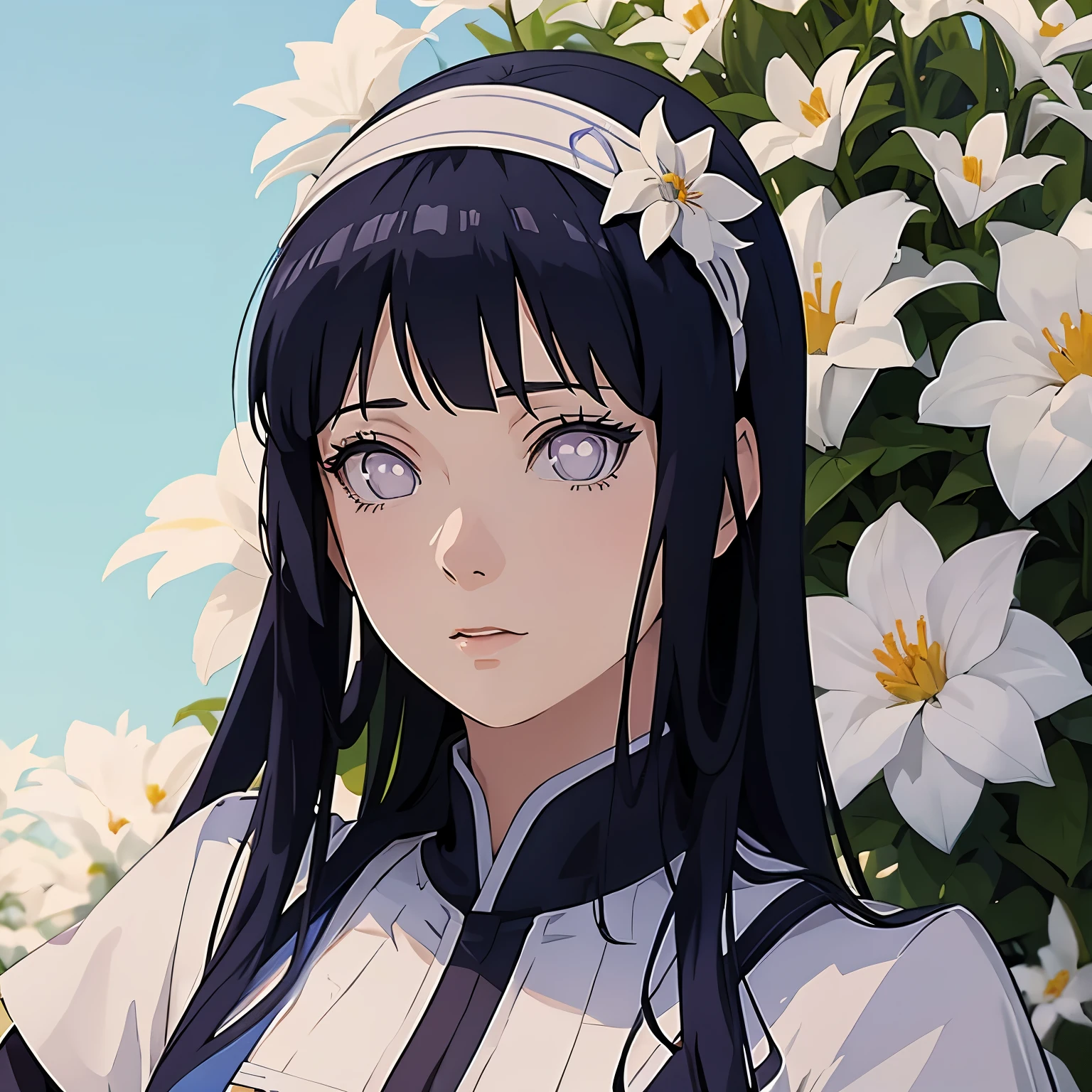 anime character, Hinata Hyuga, idol uniform, photo shoot, portrait, blue background, flower decoration, head band, realistic light and shadow, natural, very perfect, very detailed