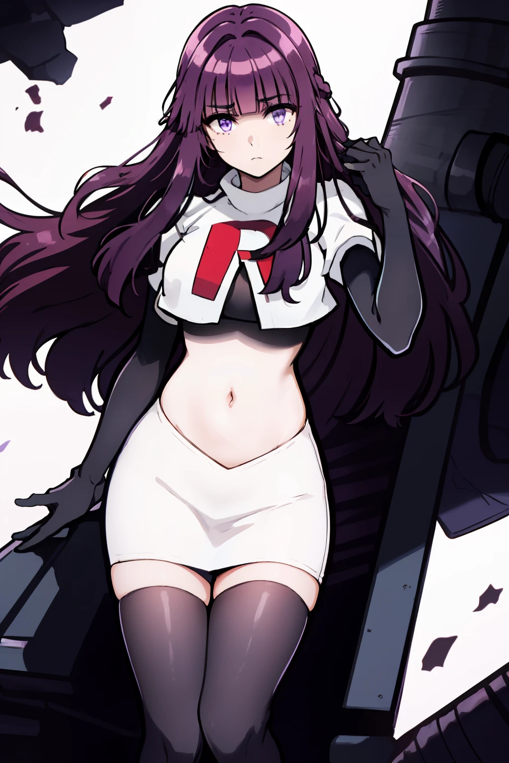 1girl, bangs, blunt_bangs, breasts, eyebrows_visible_through_hair, gloves, long_hair, looking_at_viewer, medium_breasts, purple_eyes, purple_hair, solo, very_long_hair, team rocket,team rocket uniform,white skirt,red letter R,crop top,black thigh-highs,black elbow gloves