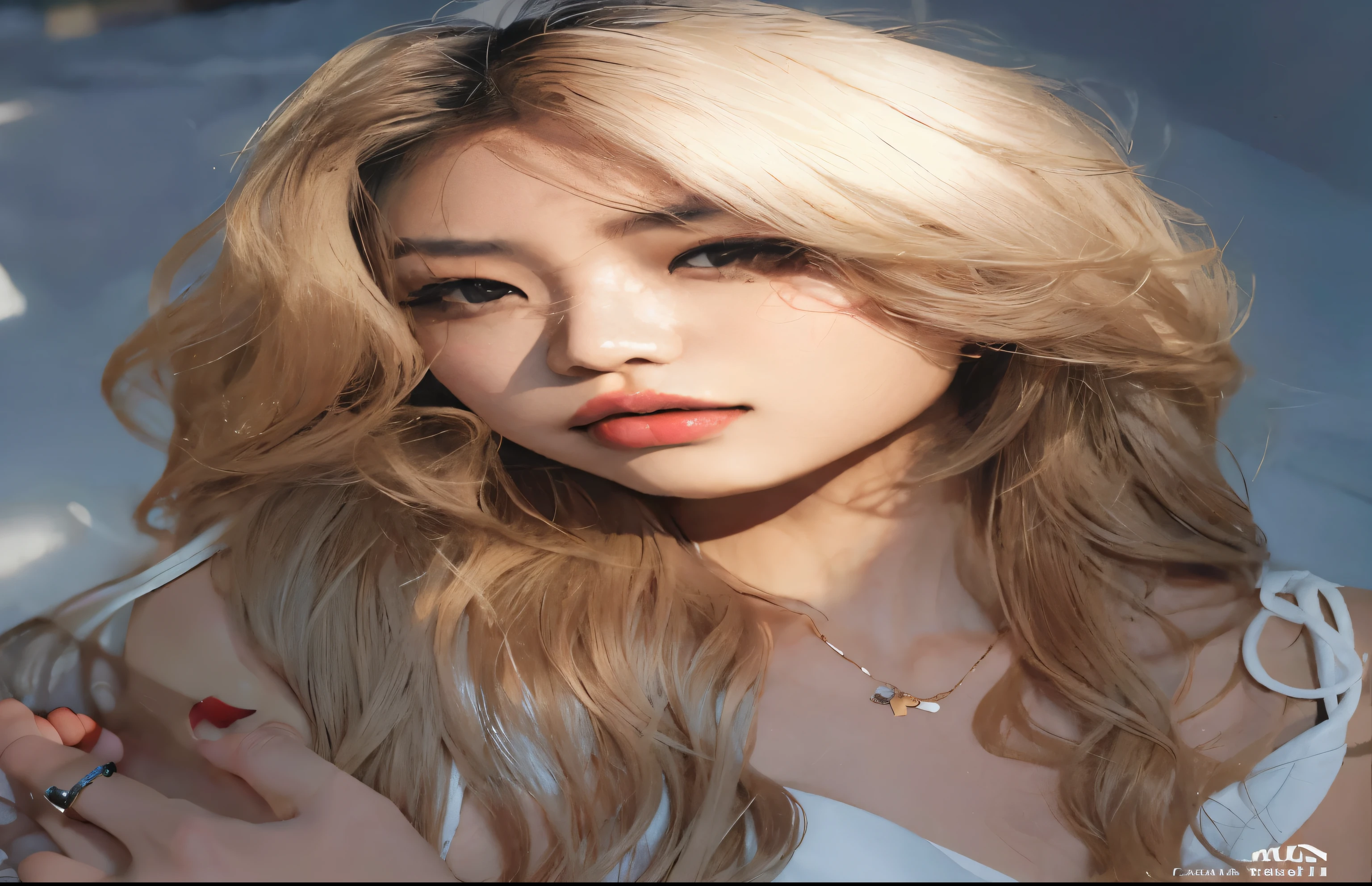 Mujer rubia con pelo largo y un top blanco posando para una foto., hasta el modelo | germen de arte, hermosa mujer surcoreana, muchacha coreana, una chica con cabello rubio, hermosa joven coreana, hermosa joven coreana, Realista. cheng yi, con pelo largo y rubio, obra de arte al estilo de guweiz, yanjun chengt, female korean idol portrait