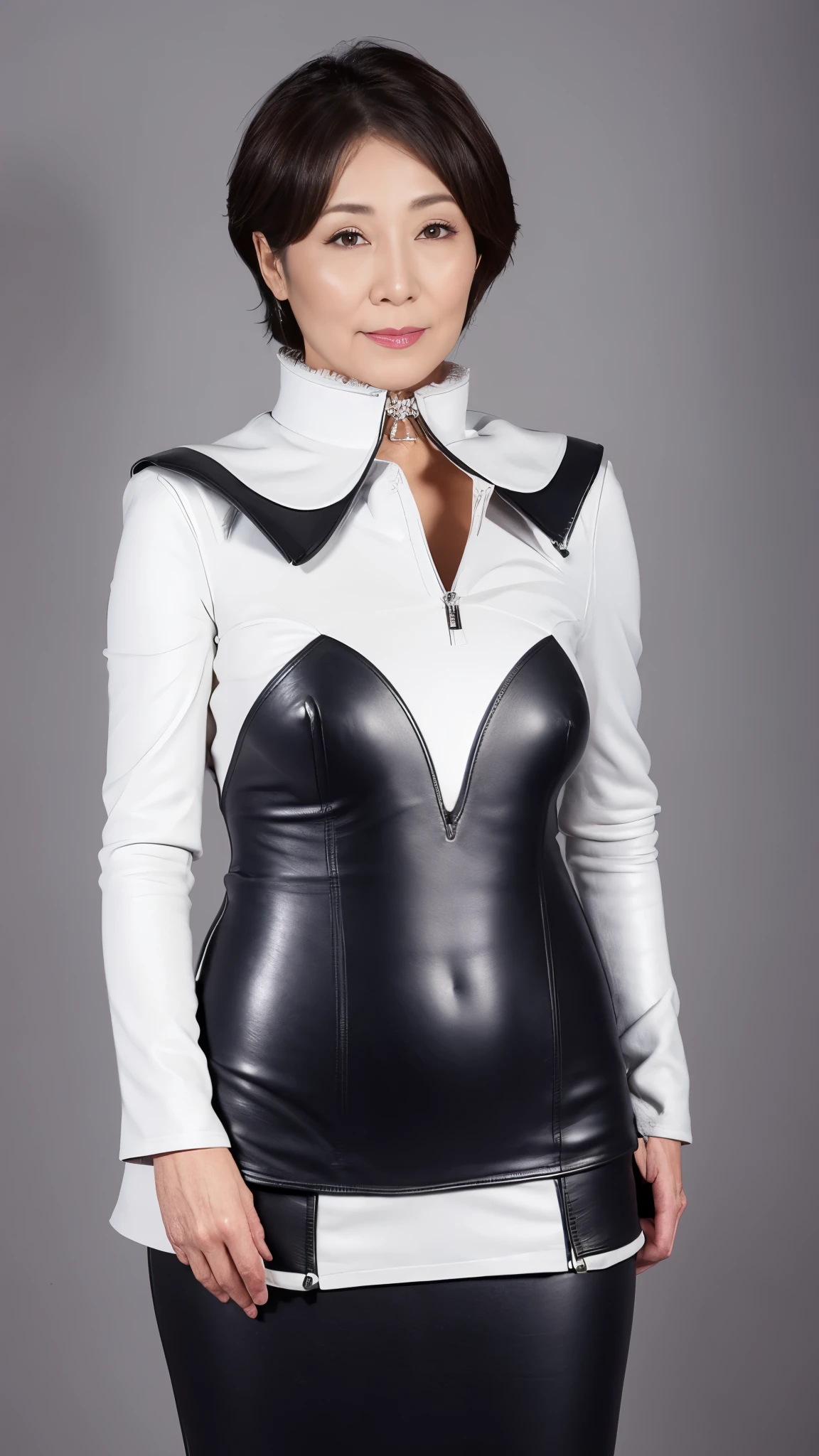 wears a black leather collar, 1/3 configuration, sharpen, solid color background, gravure, erotic, highest quality, super detailed, realistic, super dense skin, perfect anatomy, (1 Japanese mature woman), (alone), 90 years old, big breasts, Mature AV Actress, Glamour, Sexy, pure white skin, looking at the viewer