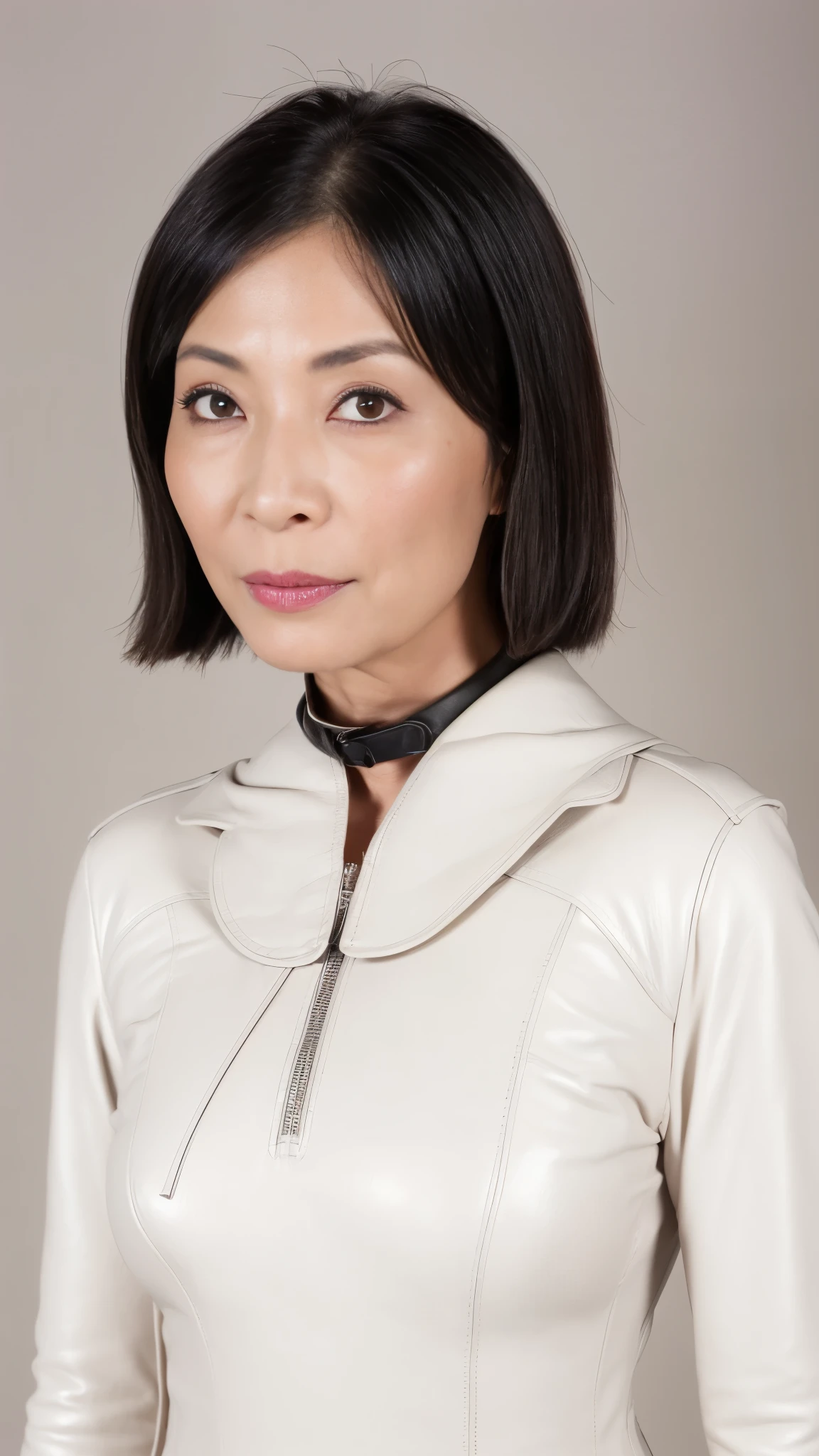wears a black leather collar, 1/3 configuration, sharpen, solid color background, gravure, erotic, highest quality, super detailed, realistic, super dense skin, perfect anatomy, (1 Japanese mature woman), (alone), 90 years old, big breasts, Mature AV Actress, Glamour, Sexy, pure white skin, looking at the viewer
