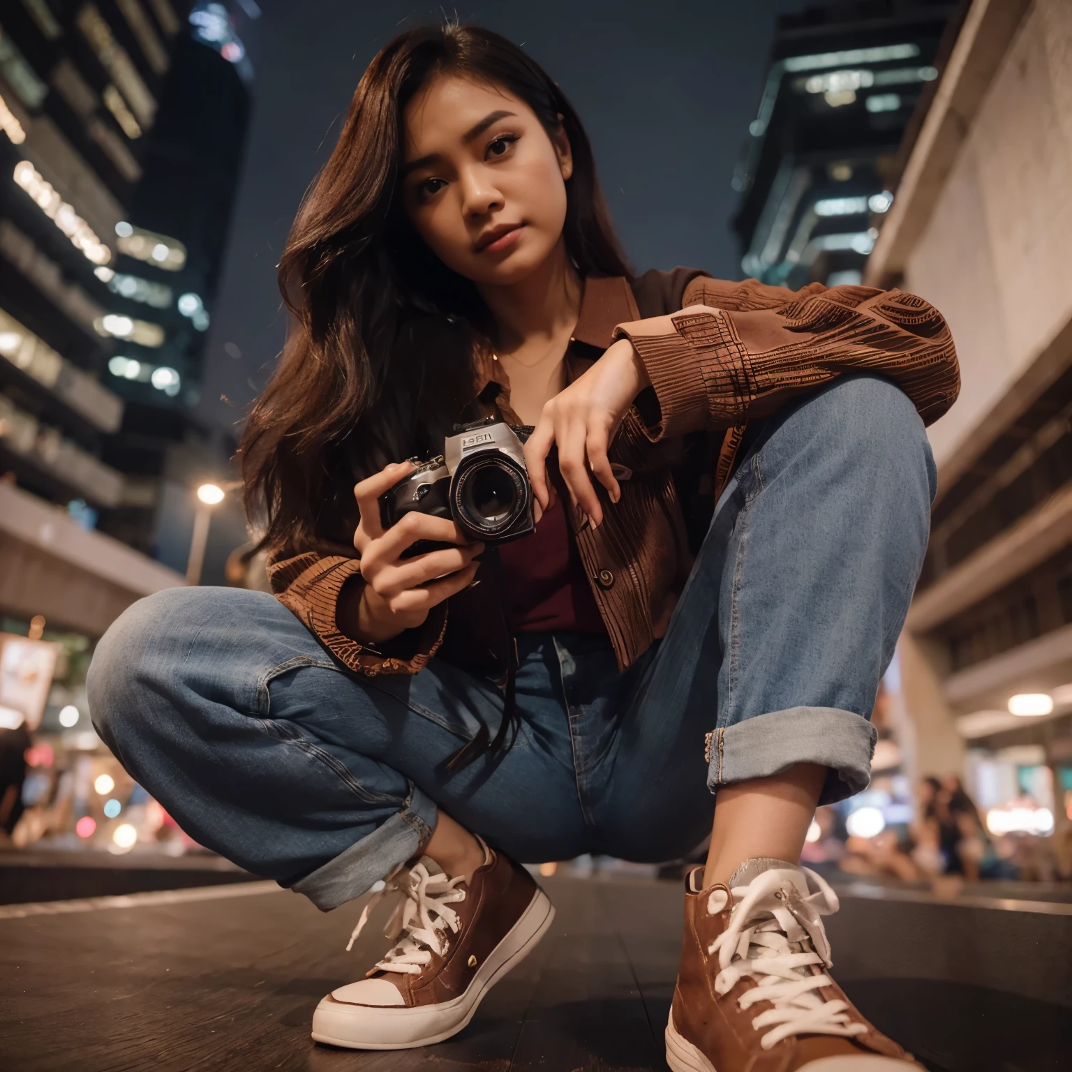 foto close up, perempuan indonesia rambut panjang,berusia 21 tahun, memakai jaket coklat, jeans biru, sepatu cets, pose jongkok, pegang kamera photografi, latar belakang perkotaan yang terlihat blur, malam hari, tersenyum ke kamera, low view angle 360, gambar terlihat nyata, 32k