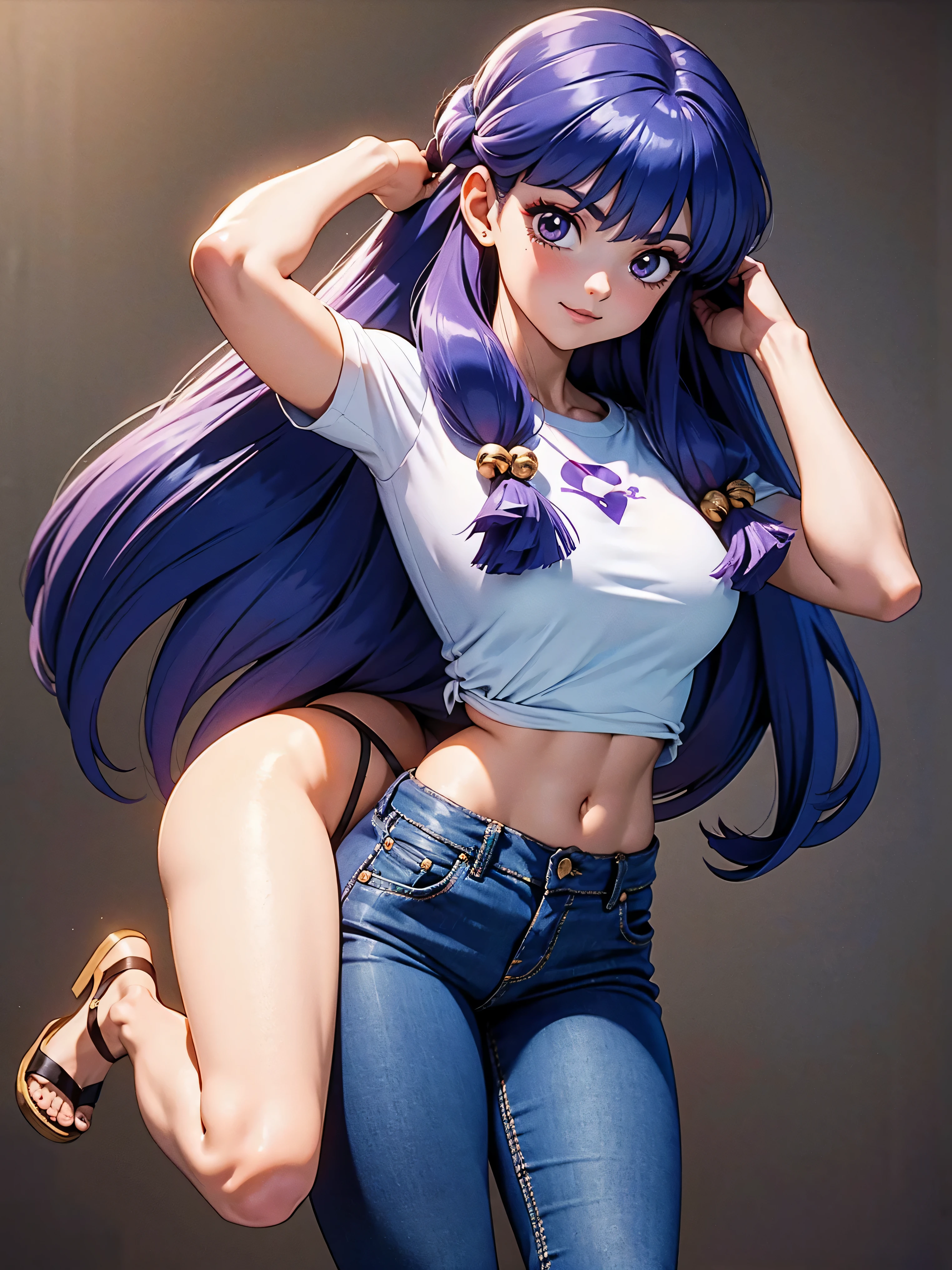 Garota anime sorrindo cabelo purple longo, usando blusa purple e bermuda jeans e sexy, , hands in hair, WITH YOUR HANDS BEHIND YOUR HEAD, corpo bonito, seios grandes, cabelo roxo purple, long purple hair, garota sexy, purple hair long, gorgeous lighting, sombras suaves, olhos azuis, pernas bonitas, hair with braid, estilo anime, Personagrm Shampoo, Autora Rumiko Takahashi, Baseado em obra de Rumiko Takahashi, Anime Ranma 1/ 2, decote sexy, quadril robusto, corpo inteiro, corpo completo, busto grande, garota jovem com corpo belo e bonito, sandals on the feet, garota 16 anosbaixa estatura, vestindo blusa purple e bermuda jeans e sexy, garota anime, estilo anime, beautiful feet in sandals, viewing angle 45°, gesto sexy, peito estufado para frente