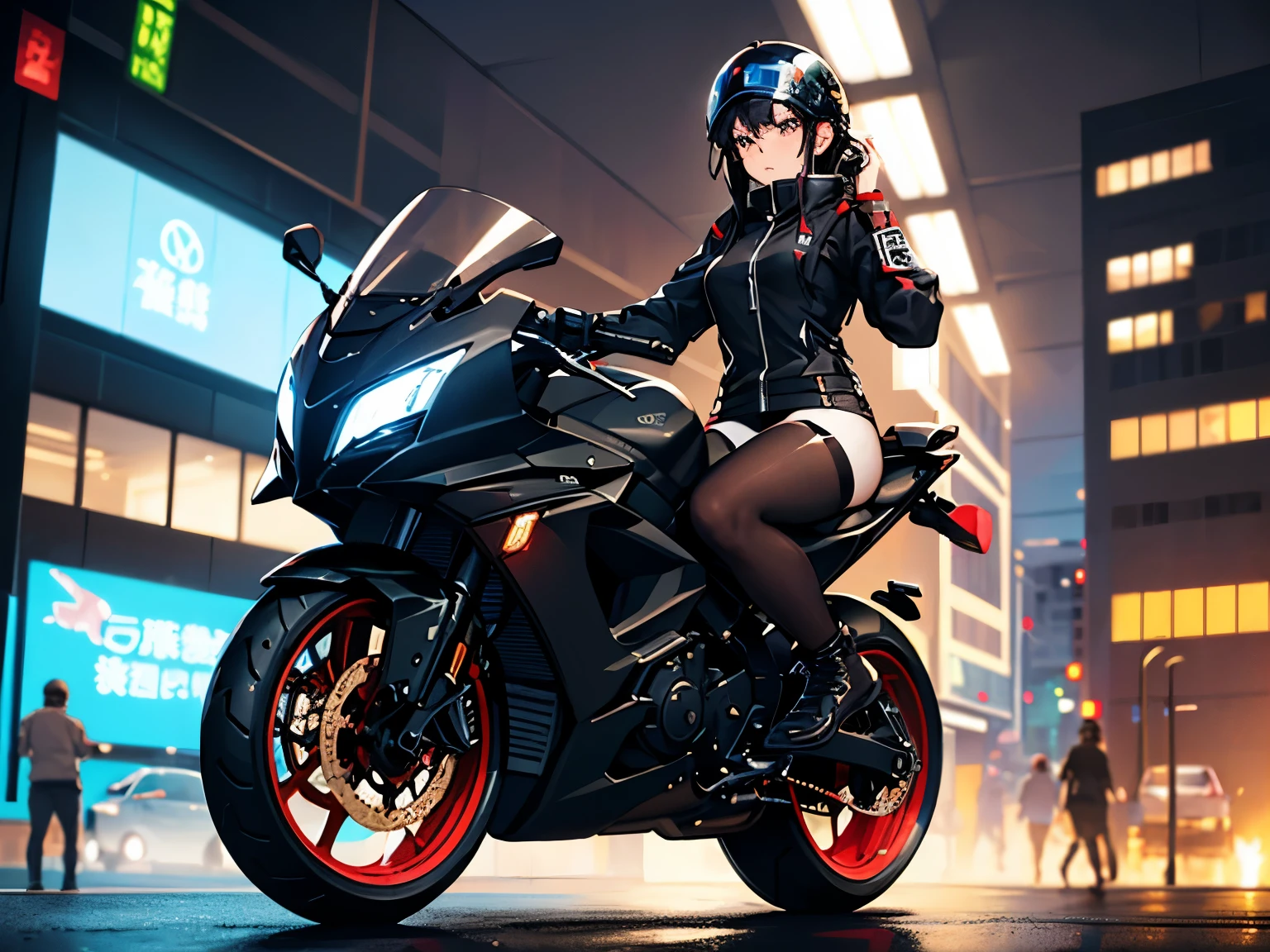 highest quality, 8K, masterpiece,1 girl, very cute girl,(Suko Kusanagi,), (black hair half helmet:1.5), (ride one bike,black red motorcycle,),Cyberpunk world,night city,neon,