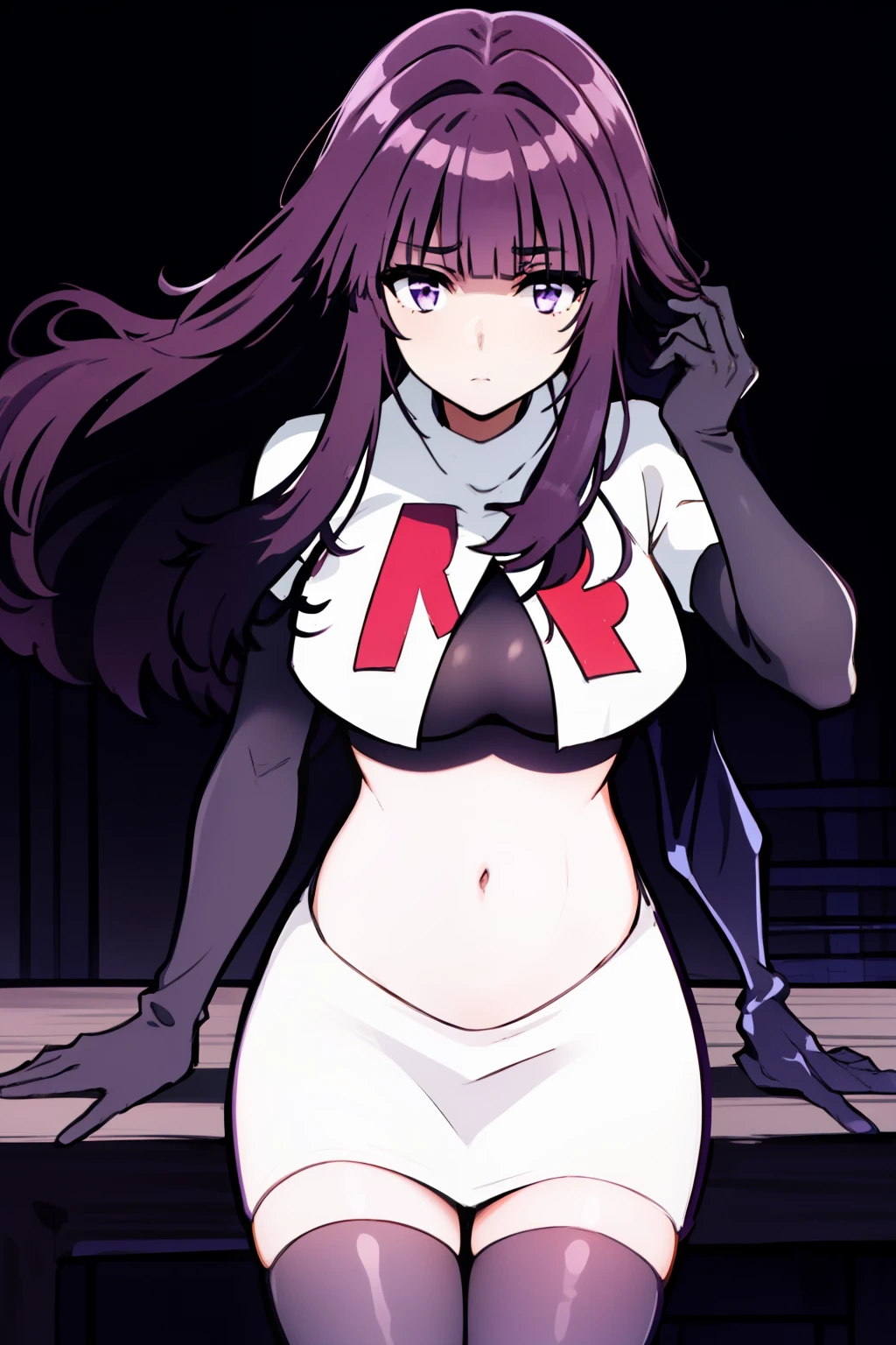 1girl, bangs, blunt_bangs, breasts, eyebrows_visible_through_hair, gloves, long_hair, looking_at_viewer, medium_breasts, purple_eyes, purple_hair, solo, very_long_hair, team rocket,team rocket uniform,white skirt,red letter R,crop top,black thigh-highs,black elbow gloves