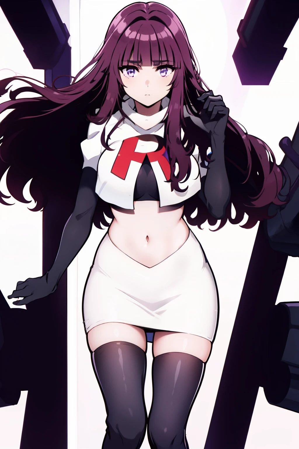 1girl, bangs, blunt_bangs, breasts, eyebrows_visible_through_hair, gloves, long_hair, looking_at_viewer, medium_breasts, purple_eyes, purple_hair, solo, very_long_hair, team rocket,team rocket uniform,white skirt,red letter R,crop top,black thigh-highs,black elbow gloves