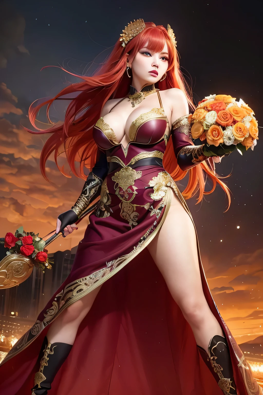 A woman with fiery red hair and matching bold lips, an ample bust, and a slim, defined face, her hypnotic purple eyes reflecting intense concentration. Perched atop a majestically golden tiger, her powerful stance embodied the essence of a warrior. In one hand, she cradled a voluminous bouquet of radiant red roses, their petals cascading elegantly. The scene was captured in a full-body photograph, her warrior outfit meticulously designed in the anime style, adorned with intricate patterns and shimmering golden accents. Her fierce gaze, fixed upon the horizon, exuded an unwavering determination and strength.