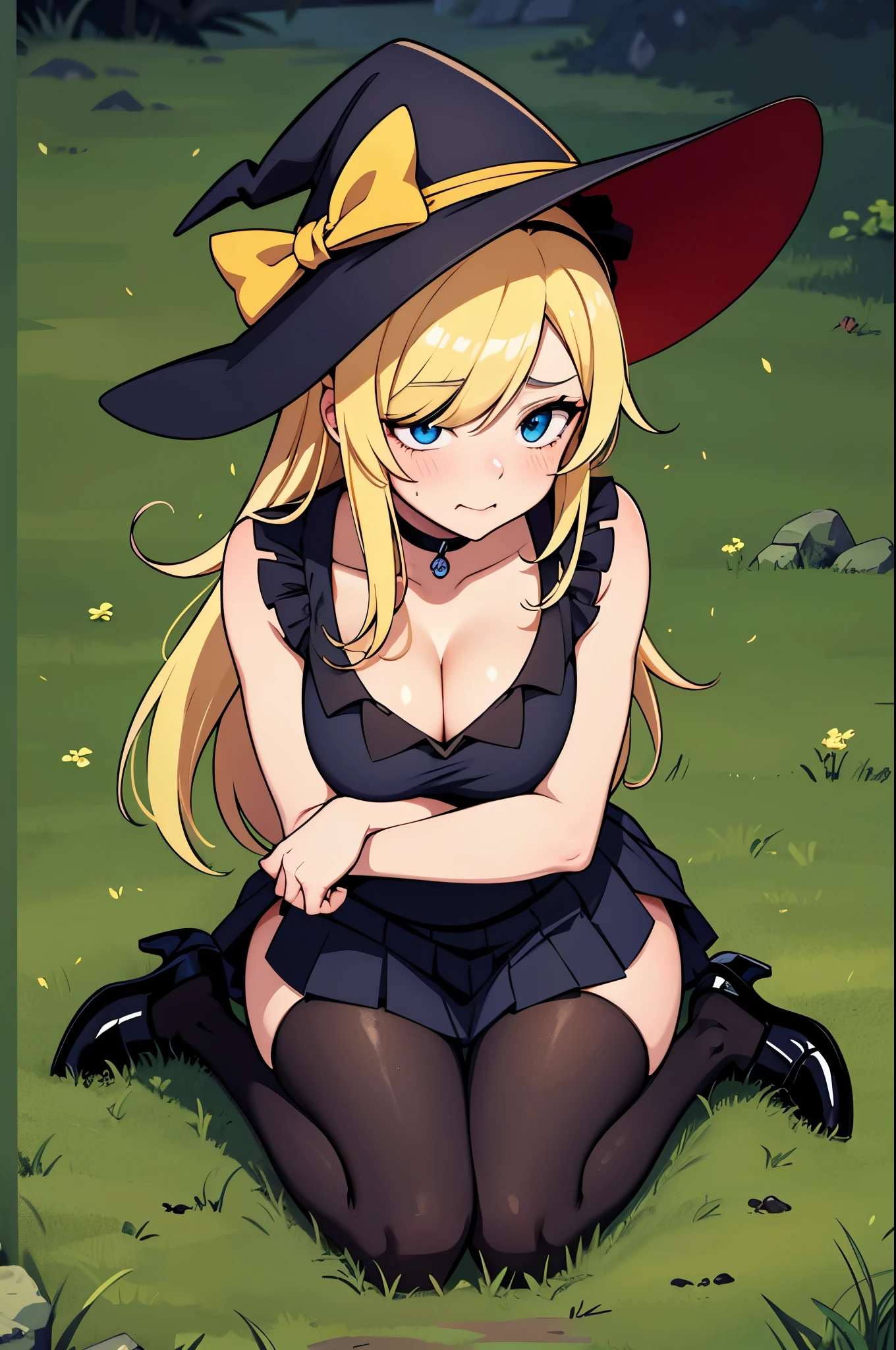 1 anime girl, ow2 mercy face, creame blonde hair, elegant straight hair, cute sexy witch hat, ((hair covering right eye)), (hair bangs over eye), ice blue eyes, (makeup and eyeliner), blushing, screaming terrified face, scared looked on her face, moaning mouth, (medium breasts), ((medium to large cleavage)), cute sexy sleeveless witch tunic, cute black pleated mini skirt, black school thigh highs, witch high heel shoes, scared posture, holding herself tight from fear, fallen on her butt sitting down, grass plains background, lake nearby, full body fan art.
[[High quality]]
[[Best fan art]]
[[Sexy anime]]
[[Hot anime fan art]].