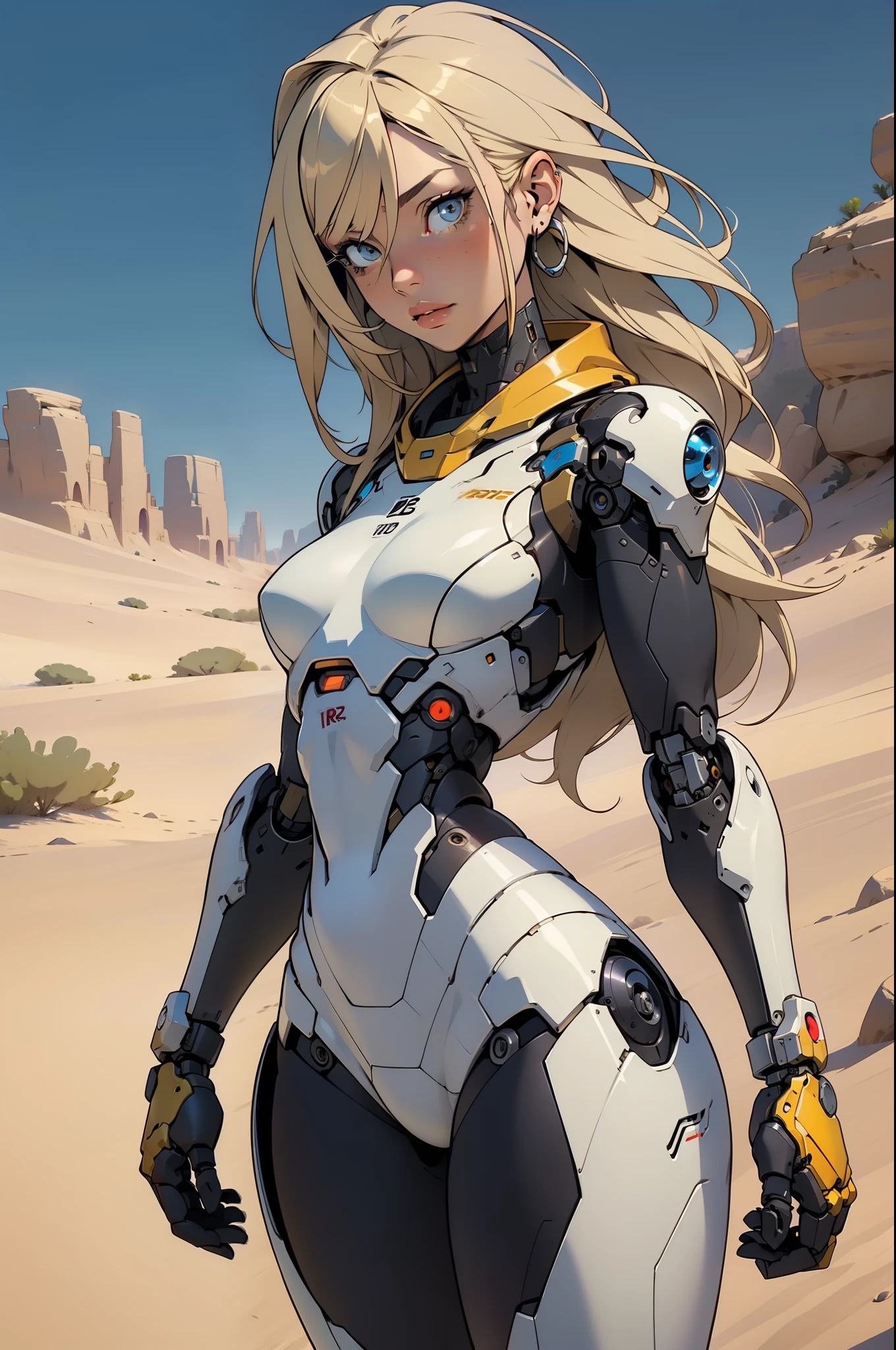 high quality, 4k, masterpiece, beautiful, cyborg girl, cowboy shot, dull eyes, looking at viewer, long blonde hair, girl, small breasts, slim thighs, robotic arms, robotic body, cyborg body, yellow accent, intricate detail, joint, detailed lines, robotic detail, holding fist up, holding hand up as fist, color robotic parts, robotic parts with color, perfect fingers, on a desert planet, sunny background, colorful desert, a river or a lake in the background