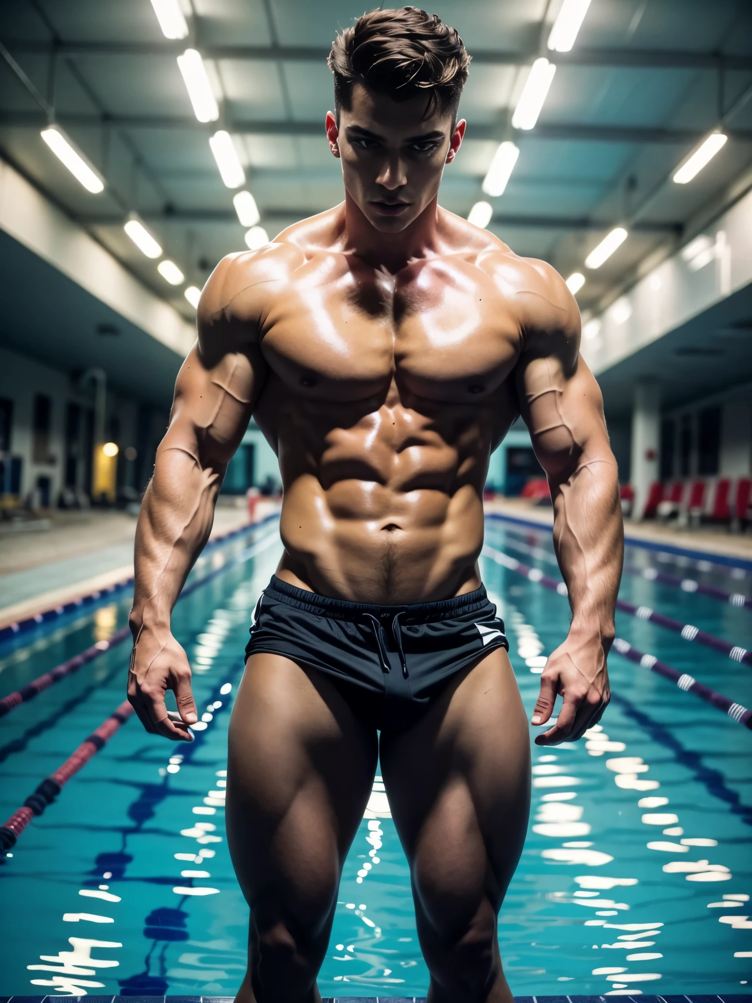 Photorealistic, ((best quality)), ((masterpiece)), (detailed),(full body shot:1.4) masculine portrait of young diver, 18-year-old male models, handsome, tall, cute looking, evil look, dark look, powerful, young male, handsome model, clean shave, blue eyes, white pale skin, short curly messy brown hair, messy curly hair, short hair, super strong, muscular, fit, massive muscles, six pack, shirtless, barechested, half-naked, topless, muscle, ripped, strong body, fit body, great chest, amazing arms, Olympic pool, Dark background:, 8k, high detailed, ultra-detailed, Stylish Pose, real skin texture, dark cinematic lighting