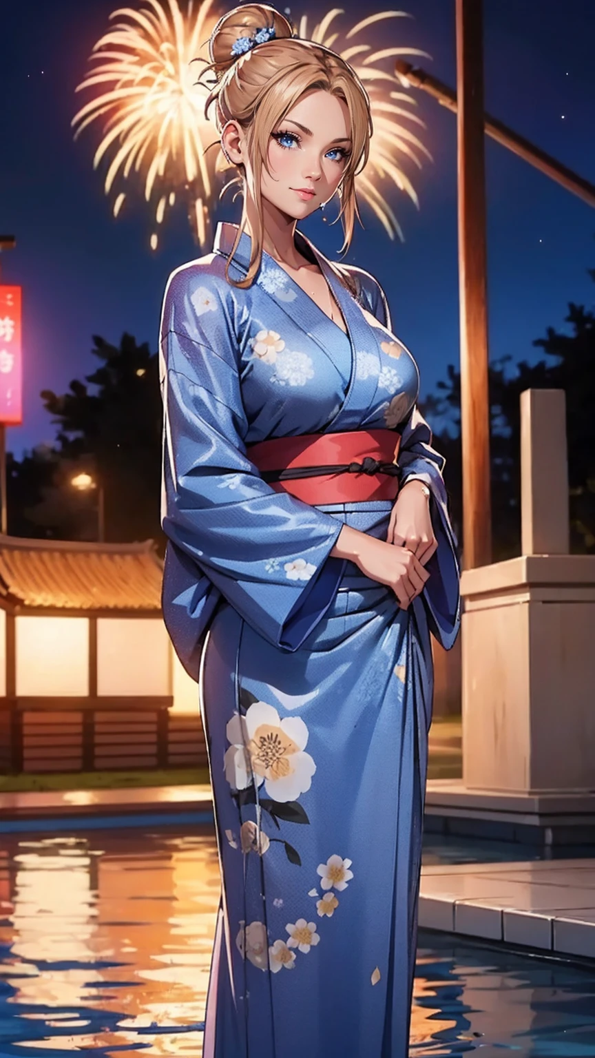 ((austere, (floral yukata blue), hair ornament, summer festival, fireworks, night, temple, parading, stunning, seductive, muse, goddess, model, sensual)), (1girl, solo, Reina Morimoto, morimoto_reina, (blue eyes, hair bun, high bun of hair), lipstick)), ((muscular, fitness)), mole on the face, sensual pose, oily, wet body, fitness, standing, Beautiful