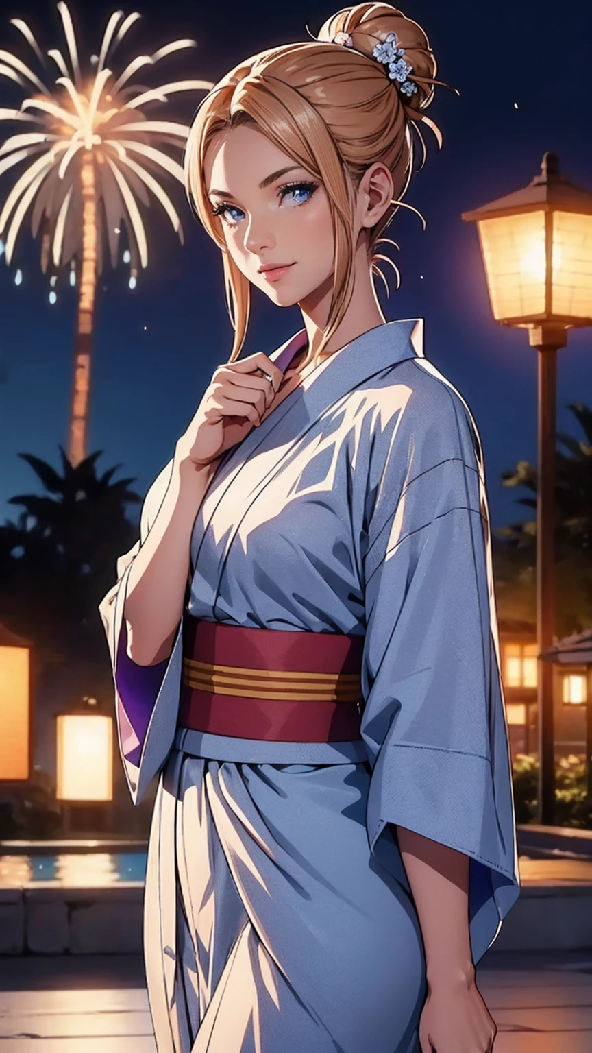 ((austere, (floral yukata blue), hair ornament, summer festival, fireworks, night, temple, parading, stunning, seductive, muse, goddess, model, sensual)), (1girl, solo, Reina Morimoto, morimoto_reina, (blue eyes, hair bun, high bun of hair), lipstick)), ((muscular, fitness)), mole on the face, sensual pose, oily, wet body, fitness, standing, Beautiful