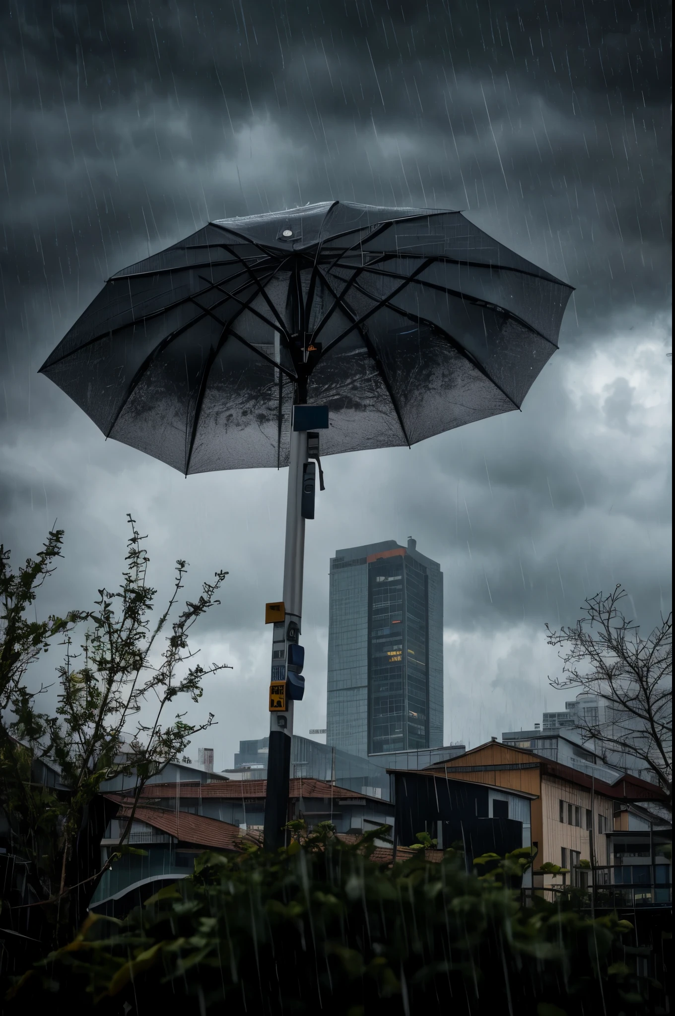 A 60 meters tall umbrella covering a tall building, heavy rain approaching, heavy raining, heavy rainy, rainy and gloomy atmosphere, day after raining, weather photography, raining award winning photo, it is raining heavily, dramatic rain