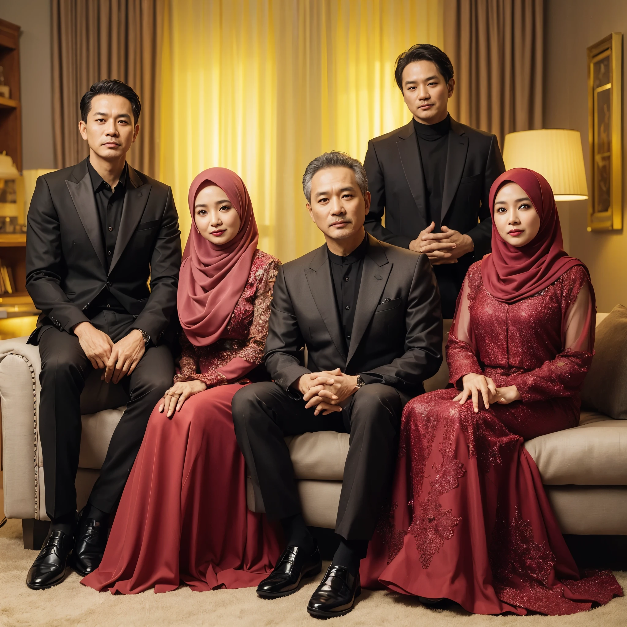 Create a friendly close up photo style, a 56 year old Indonesian MAN clean face, a 58 year old WOMAN, wearing hijab, two 35 year old MAN, and  a 32 year old WOMAN, wearing hijab. Those wearing black suit and new Red maroon DRESS GAMIS SHARIA colour, wearing black shoes. pose sitting on the sofa, saling merangkul, the studio has a luxury house background. details. fresh colors,   yellow lighting, realistik, 8k, HD.