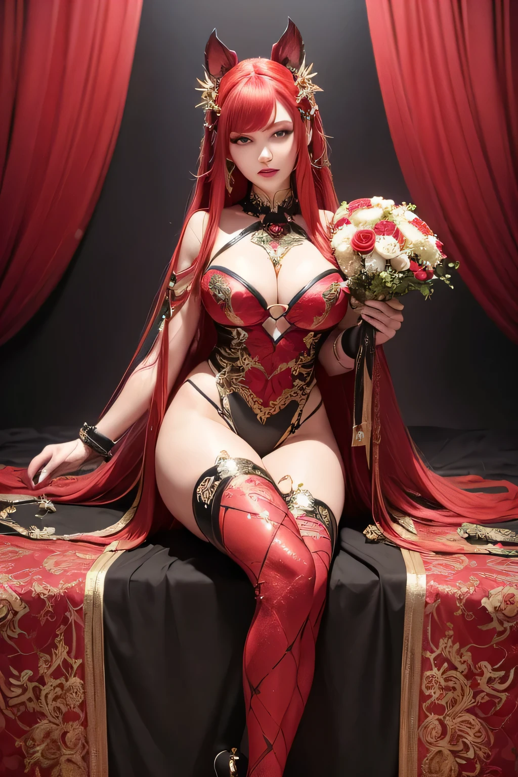 A woman exudes a fierce and captivating presence as she sits atop a majestic golden tiger in this fullbody anime-style image. Her long, vibrant red hair cascades down her back, complementing her bold red lips that curve into a determined smile. Her slender face is accentuated by her striking purple eyes, which seem to radiate an otherworldly energy.

Dressed in a warrior outfit, she holds a bouquet of luscious red roses in her arms, their petals soft against the harsh metal armor that covers her body. The intricate details of the armor gleam under the sharp focus of the camera, each line and curve meticulously rendered in this high-