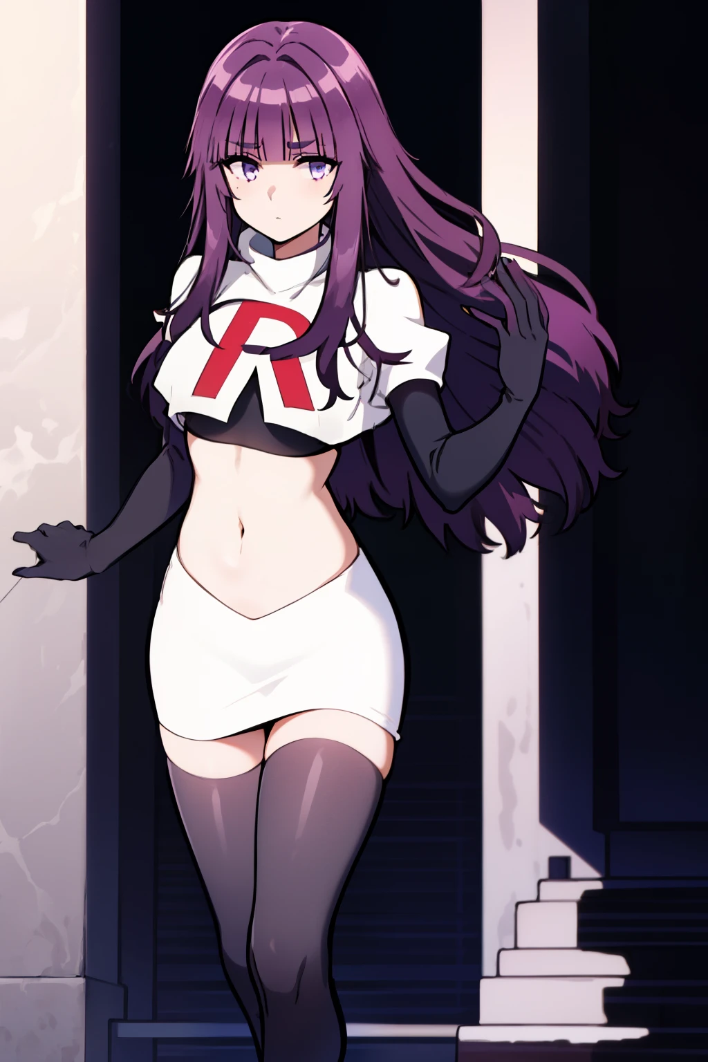1girl, bangs, blunt_bangs, breasts, eyebrows_visible_through_hair, gloves, long_hair, looking_at_viewer, medium_breasts, purple_eyes, purple_hair, solo, very_long_hair, team rocket,team rocket uniform,white skirt,red letter R,crop top,black thigh-highs,black elbow gloves