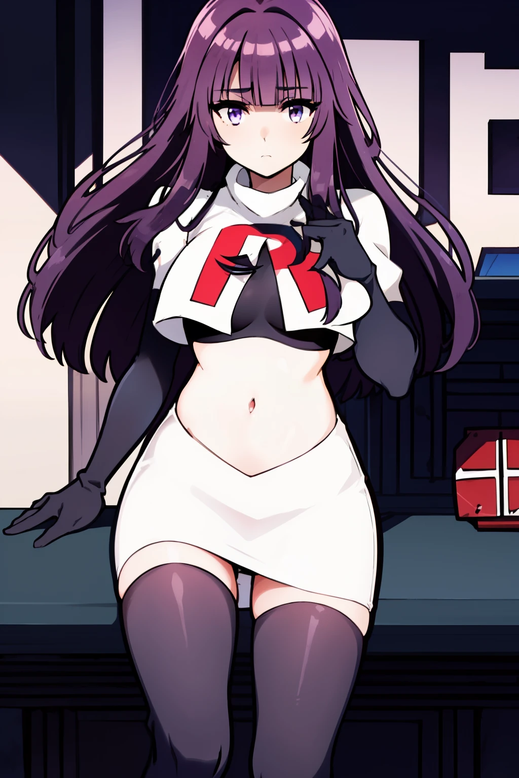 1girl, bangs, blunt_bangs, breasts, eyebrows_visible_through_hair, gloves, long_hair, looking_at_viewer, medium_breasts, purple_eyes, purple_hair, solo, very_long_hair, team rocket,team rocket uniform,white skirt,red letter R,crop top,black thigh-highs,black elbow gloves