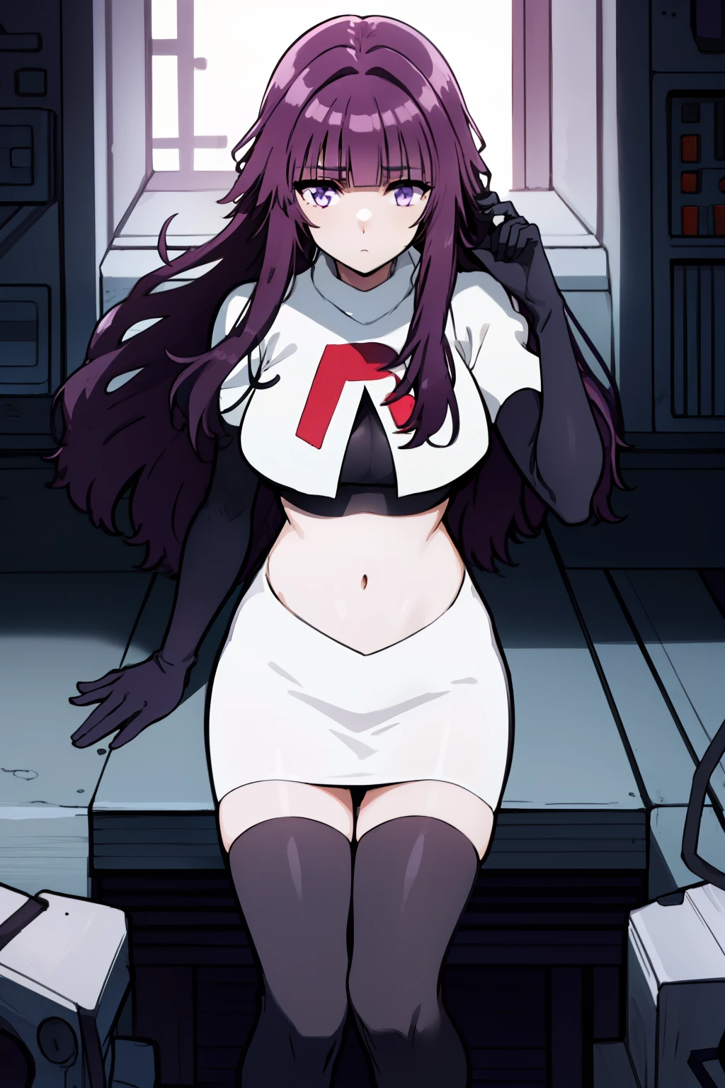 1girl, bangs, blunt_bangs, breasts, eyebrows_visible_through_hair, gloves, long_hair, looking_at_viewer, medium_breasts, purple_eyes, purple_hair, solo, very_long_hair, team rocket,team rocket uniform,white skirt,red letter R,crop top,black thigh-highs,black elbow gloves