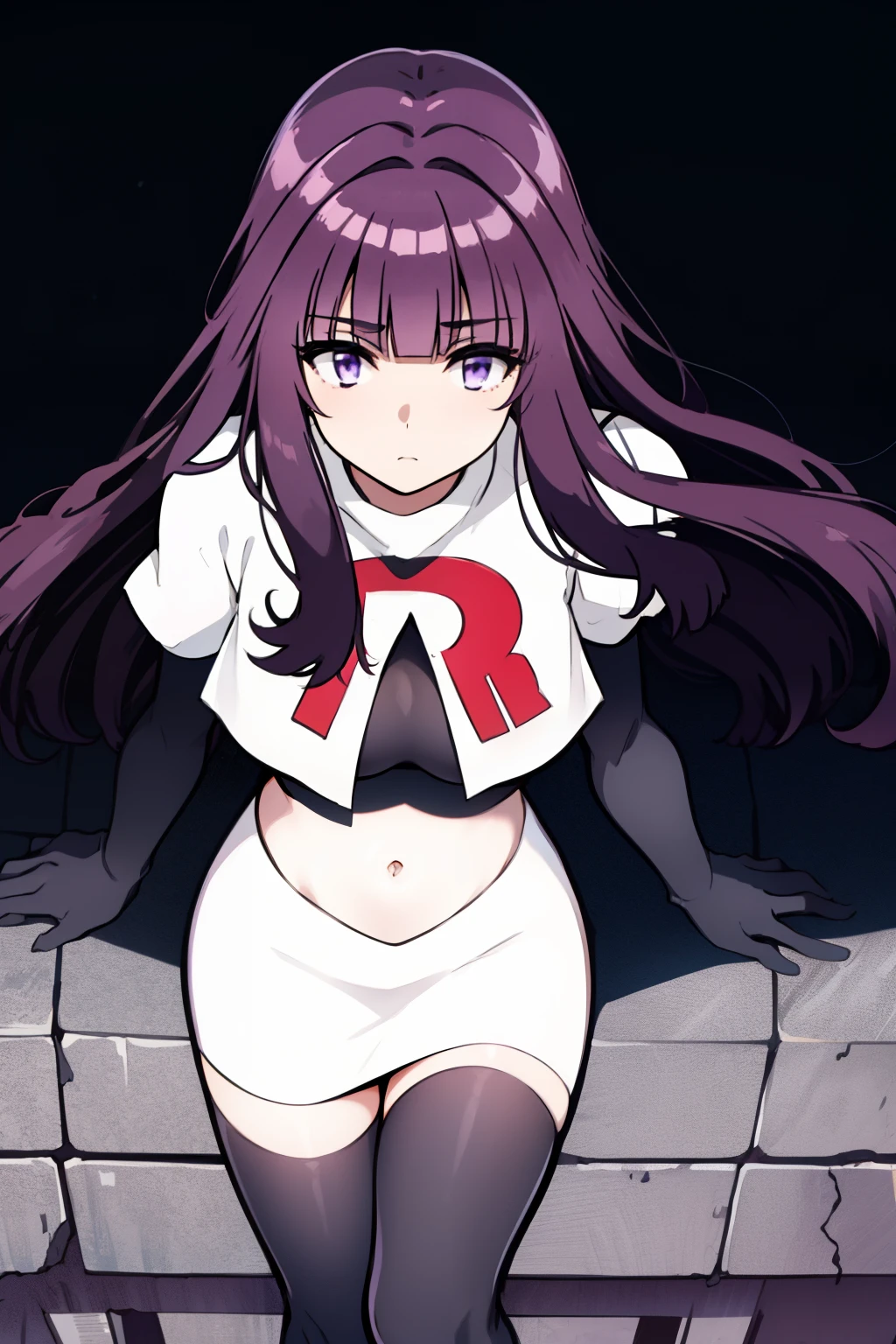 1girl, bangs, blunt_bangs, breasts, eyebrows_visible_through_hair, gloves, long_hair, looking_at_viewer, medium_breasts, purple_eyes, purple_hair, solo, very_long_hair, team rocket,team rocket uniform,white skirt,red letter R,crop top,black thigh-highs,black elbow gloves