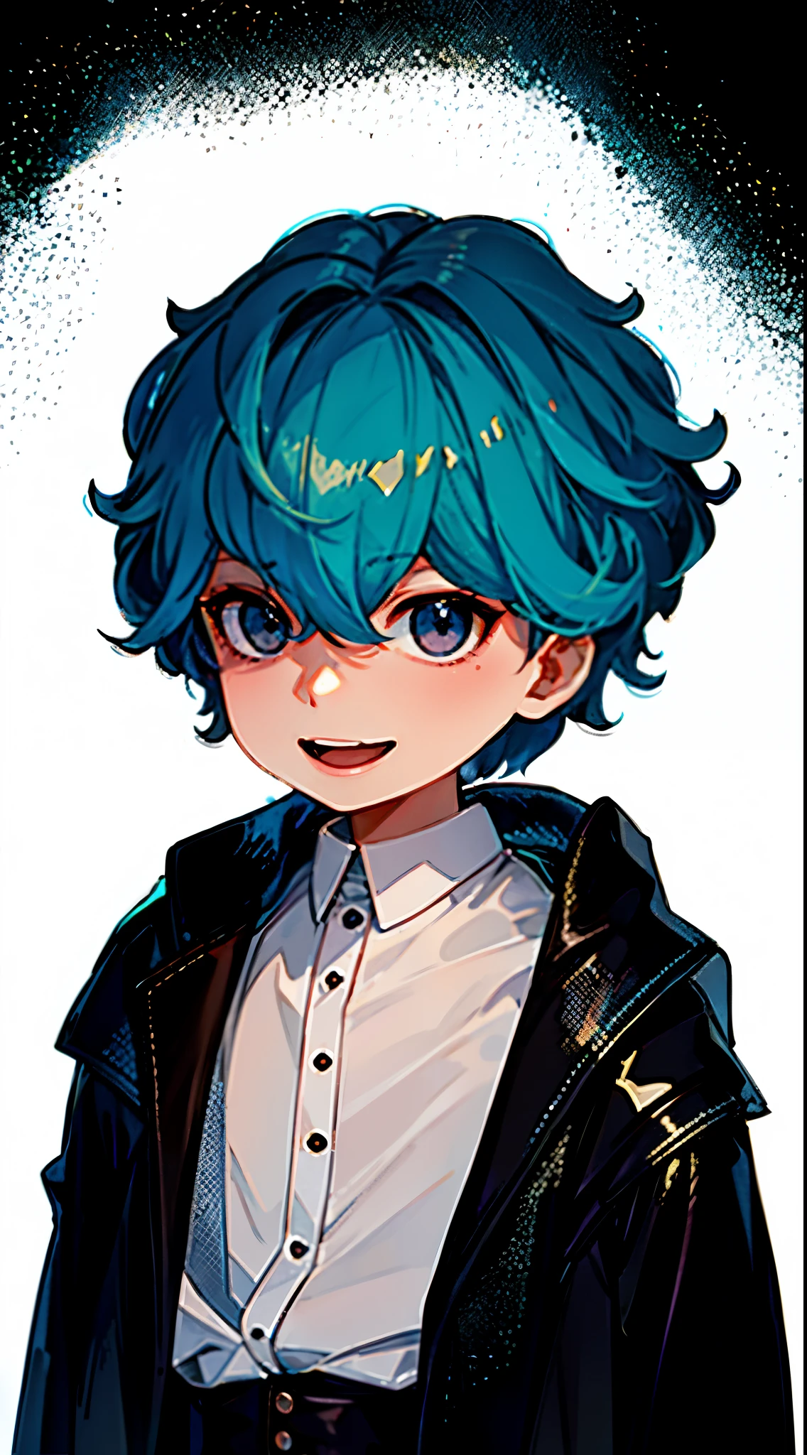 high-resolution, top quality, BestQuality:1.3, ultra detailed 8k cg, lighting forward, (dark circles in the eyes), blue hair, juvenile, black long tail jacket, (black eyes), white background, white shirt