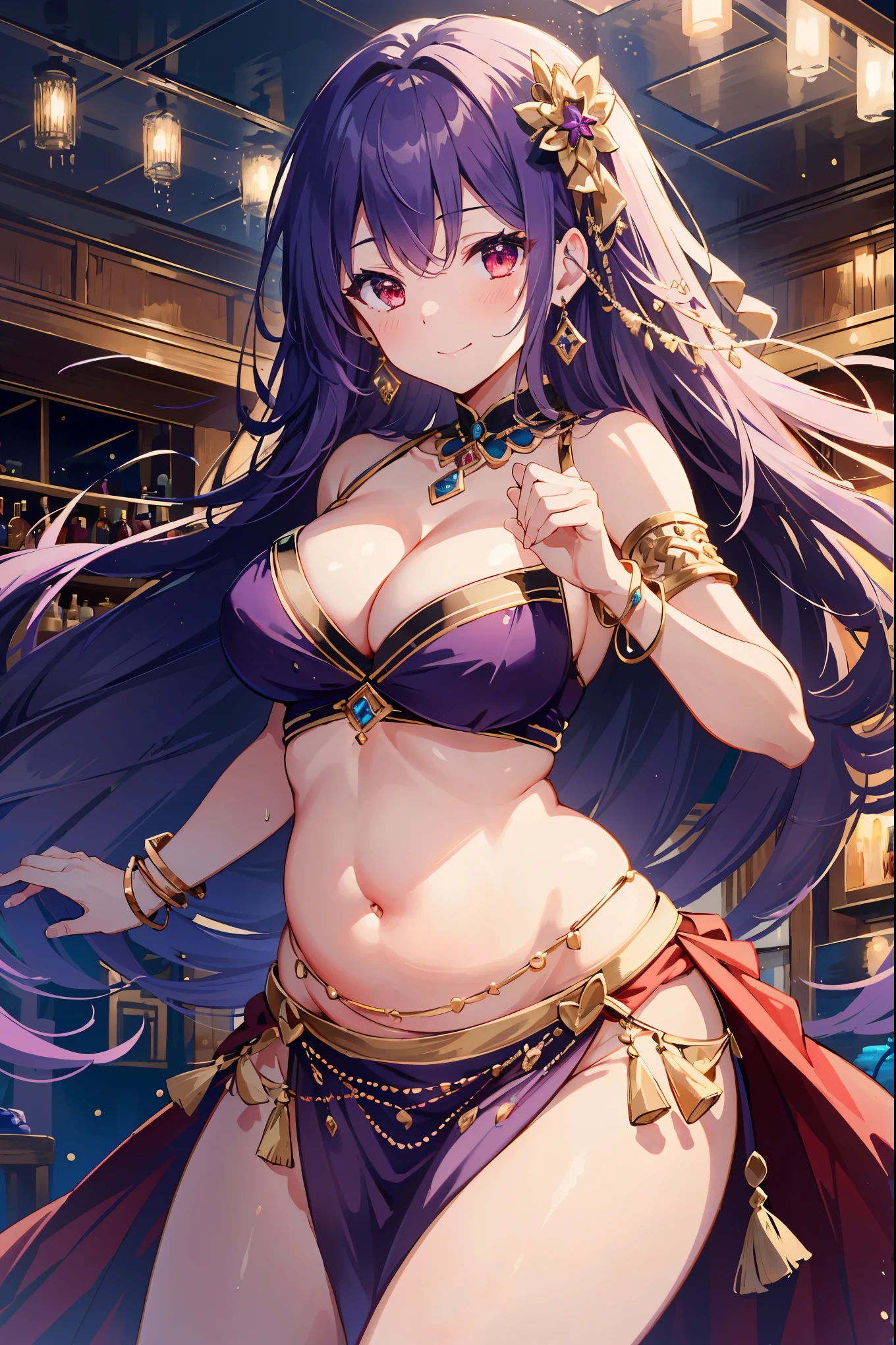 high quality, ultra detailed, best quality, insanely detailed, beautiful, masterpiece, 1girl, (belly dancer:1.1), bar, cowboy shot, red eyes, long hair, light purple hair, purple costume, (pelvic curtain:1.1), bare legs, hair ornament, earrings, armlet, bracelet, bashful smile, dancing, large breasts, cleavage, soft stomach