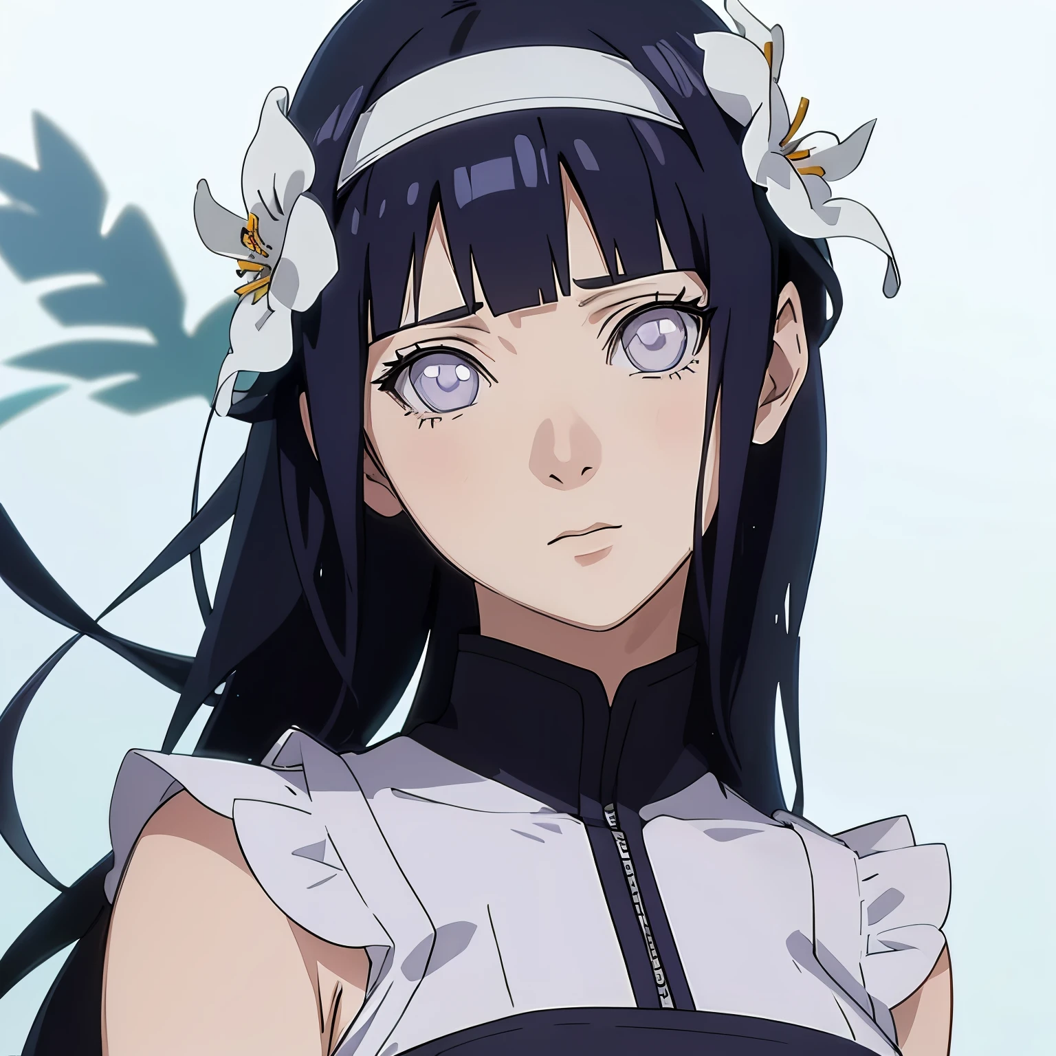 anime character, Hinata Hyuga, idol uniform, photo shoot, portrait, blue background, flower decoration, head band, realistic light and shadow, natural, very perfect, very detailed
