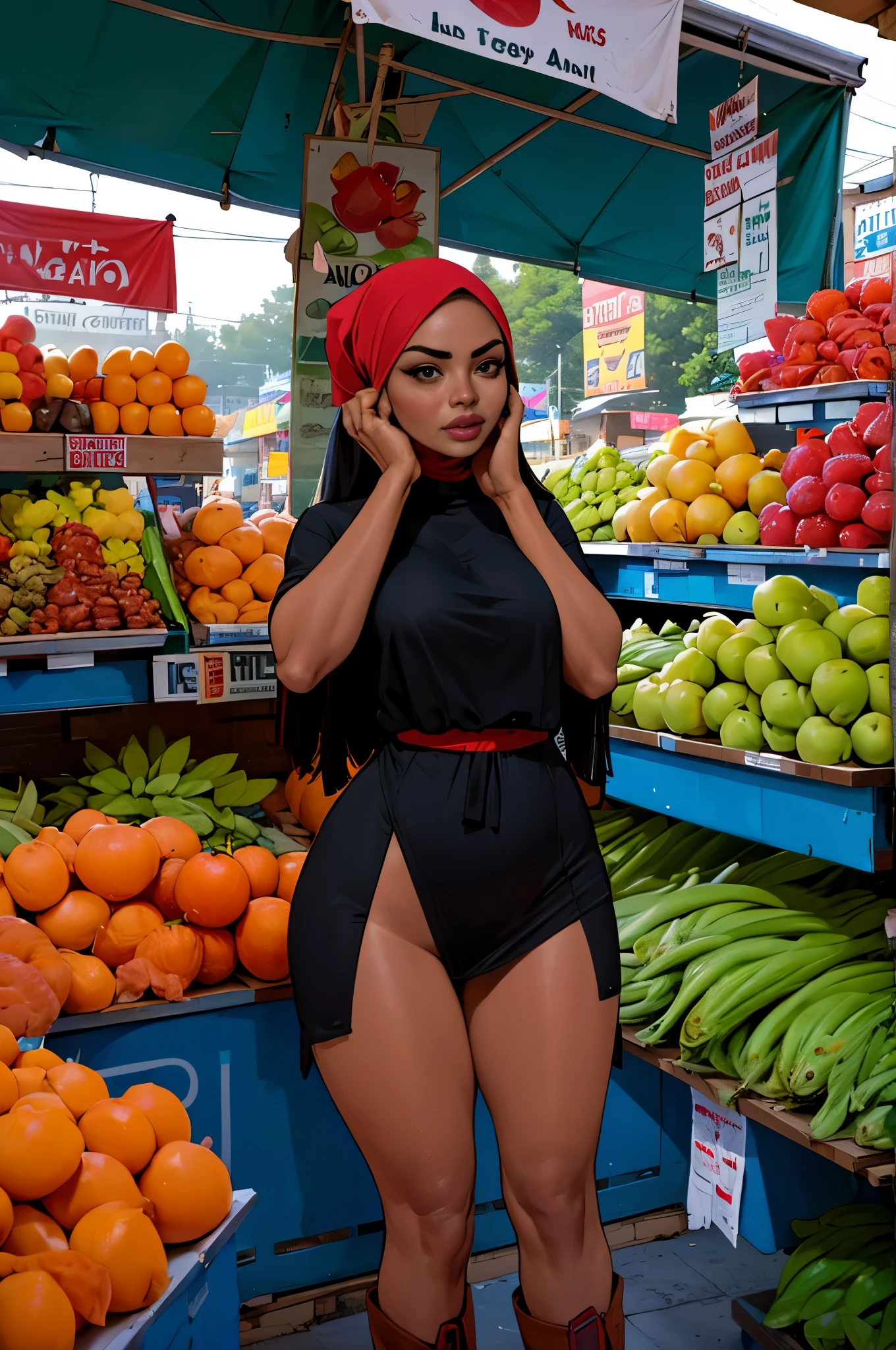 "a thick Malay woman(age 30),huge breasts,black hijab,black mini skirt,no panties,string bikini top,knee high boots,shopping in market,illustration,vivid colors,highres,physically-based rendering,detailed face features,beautiful eyes,detailed lips,expressive face,intense gaze,confident posture,colorful fruits and vegetables,exotic spices,fresh fish and seafood,filled market stalls,bustling crowd,sunny weather,bustling market stands"