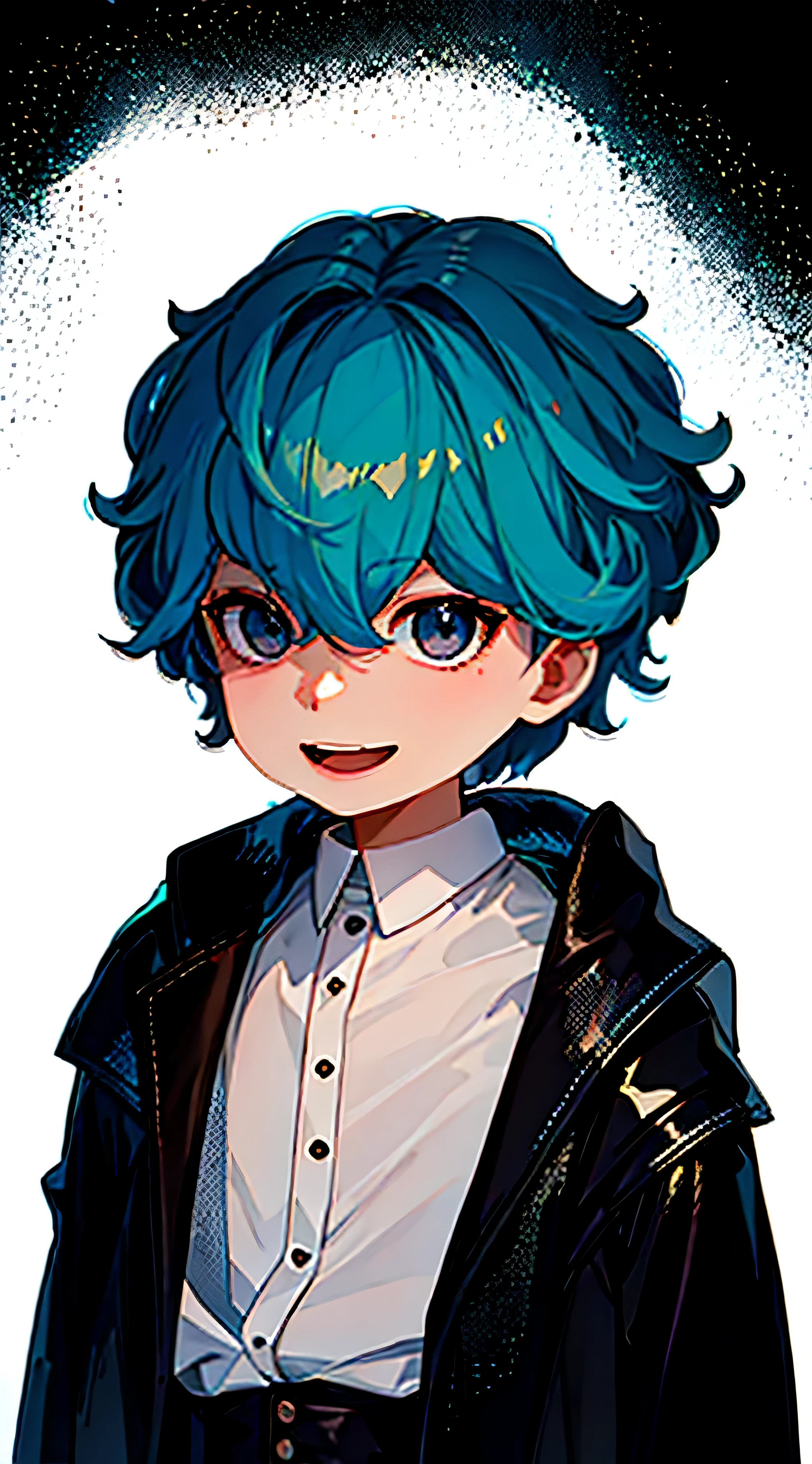 High resolution, highest quality, highest quality:1.3, Super detailed 8K CG, forward lighting, (Dark circles in the eyes), blue hair, juvenile, black long tail jacket, (black eye), white background, white shirt
