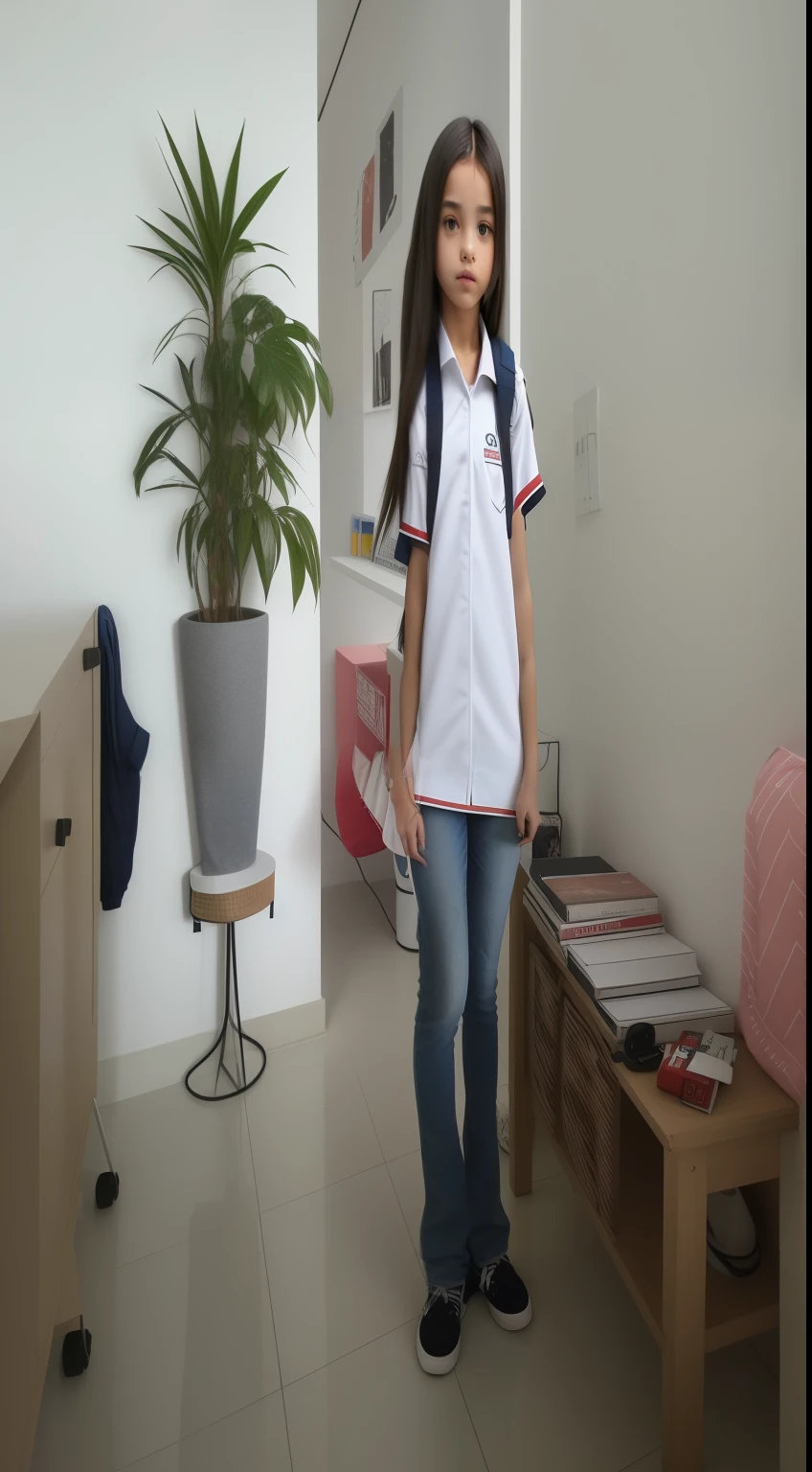 there is a young Girl standing in a room with a backpack, estudante, vestindo uniforme escolar, por Emerson Silva, Girl standing, in Sao Paulo, powder Nándor Katona, vestindo um uniforme escolar, foto da garota, garota vestindo uniforme, standing in class, by Almeida Júnior, vestido com roupas longas e fluentes