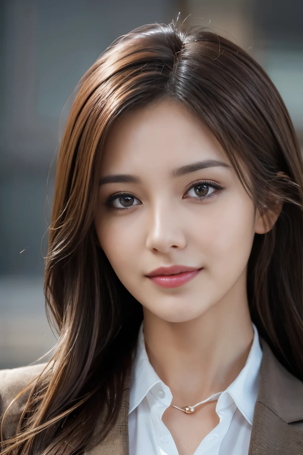 table top, highest quality, realistic, super detailed, finely, High resolution, 8k wallpaper, 1 beautiful woman,, light brown messy hair, wearing a business suit, sharp focus, perfect dynamic composition, beautiful and fine eyes, fine hair, Detailed realistic skin texture, smile, close-up portrait, model body shape