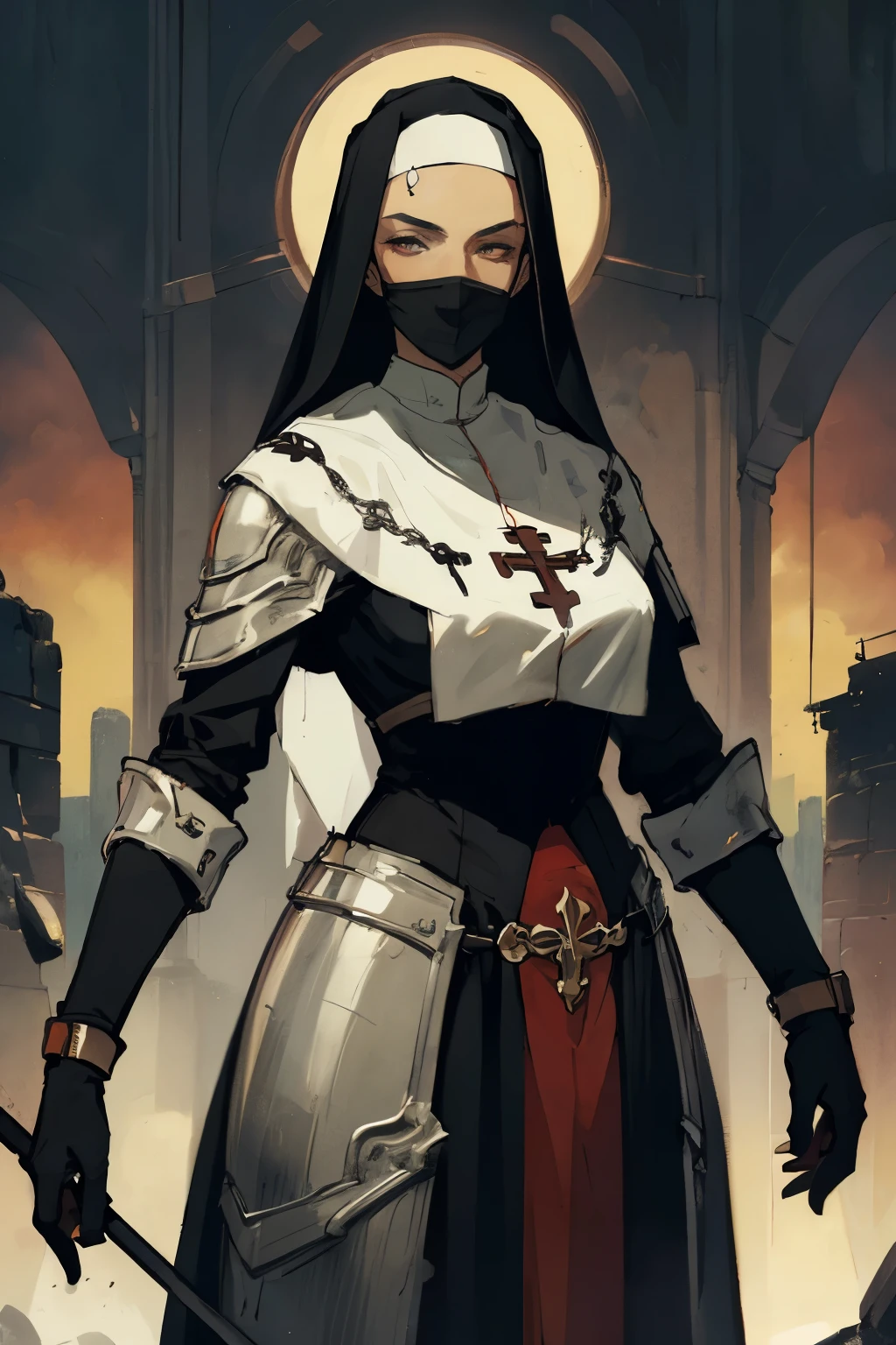 portrait of 1 brunette woman, tan, battle stance, futuristic armor, red eclipse, futuristic, detailed, nun attire, nun covering, elegant mouth covering, ( methurlant), (masterpiece, best quality:1.3), 