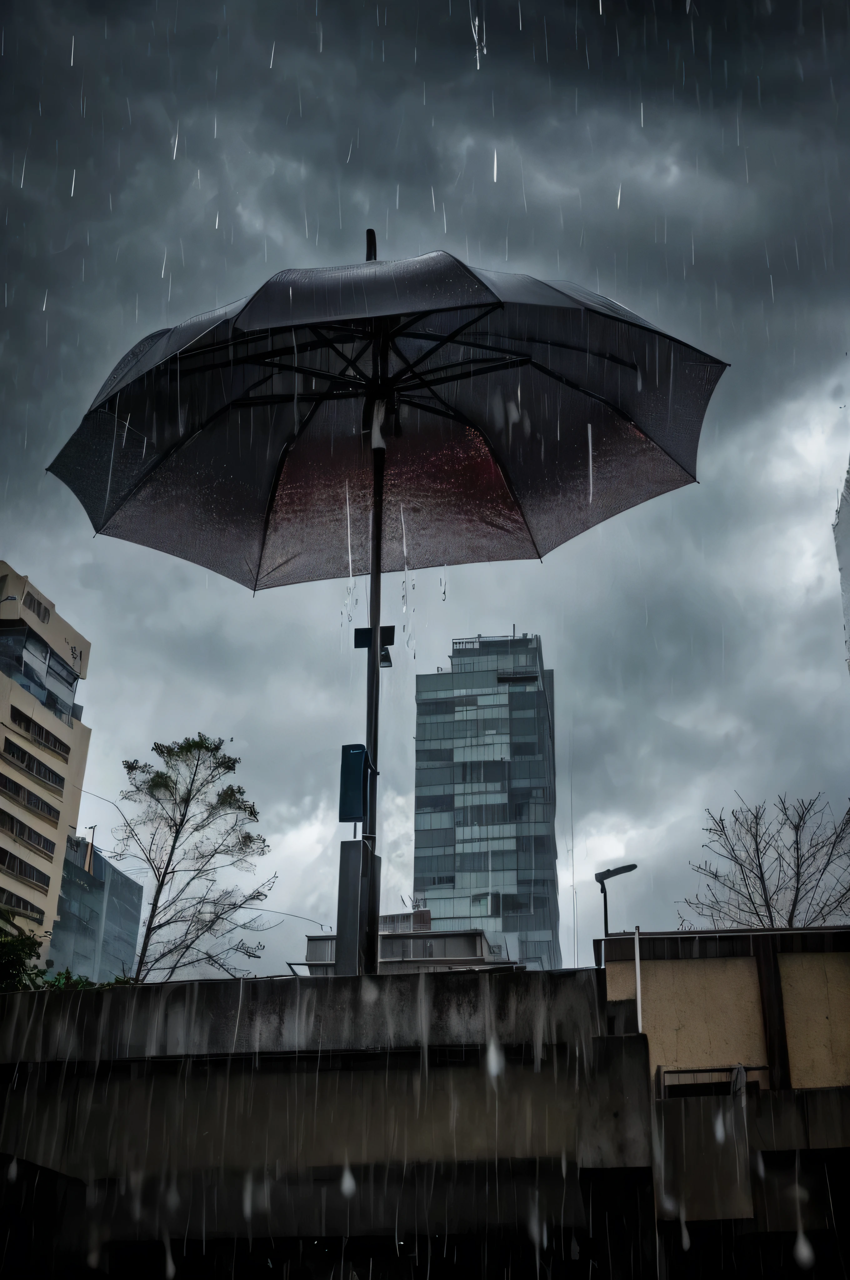 A 60 meters tall umbrella covering a tall building, heavy rain approaching, heavy raining, heavy rainy, rainy and gloomy atmosphere, day after raining, weather photography, raining award winning photo, it is raining heavily, dramatic rain