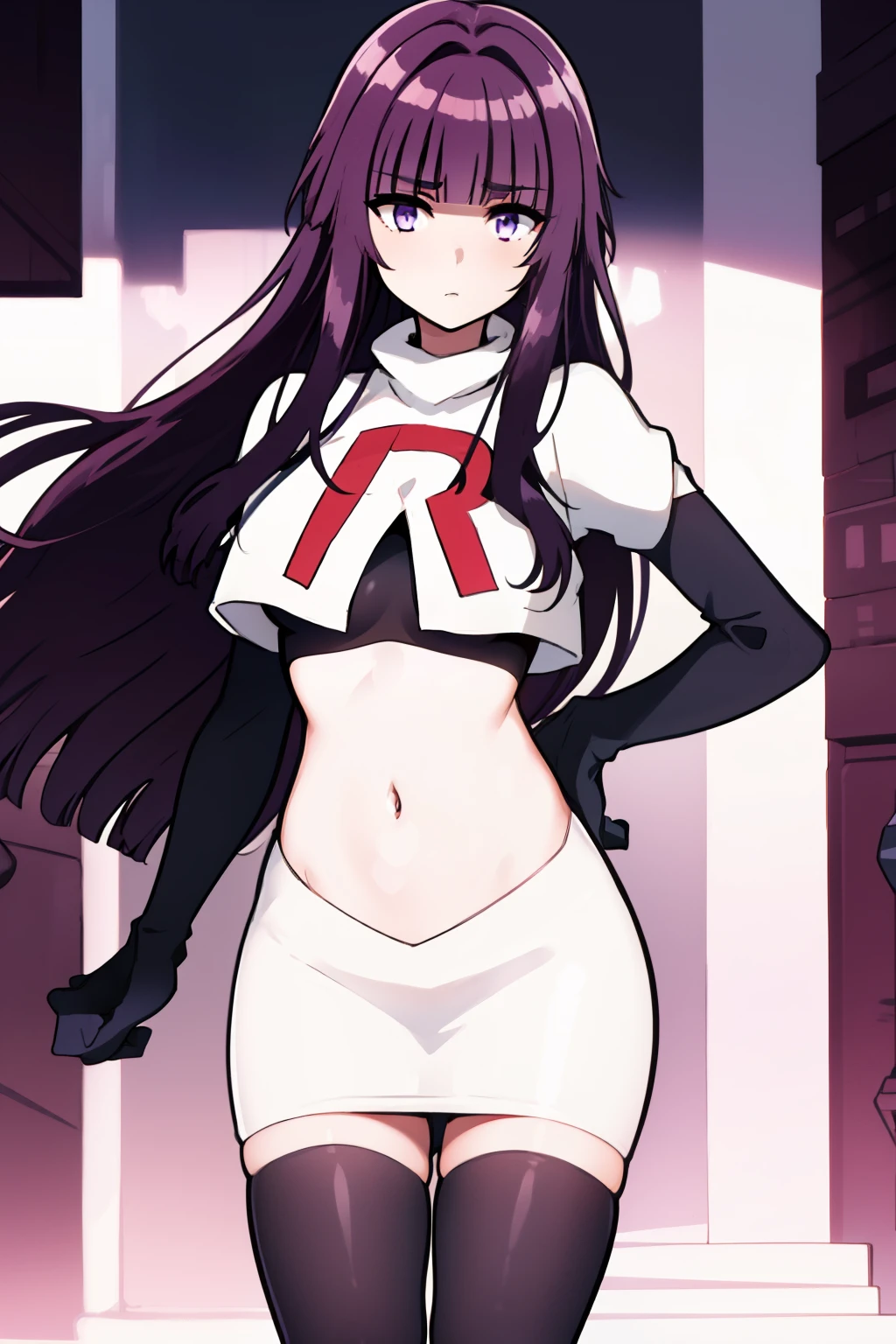 1girl, bangs, blunt_bangs, breasts, eyebrows_visible_through_hair, gloves, long_hair, looking_at_viewer, medium_breasts, purple_eyes, purple_hair, solo, very_long_hair, team rocket,team rocket uniform,white skirt,red letter R,crop top,black thigh-highs,black elbow gloves