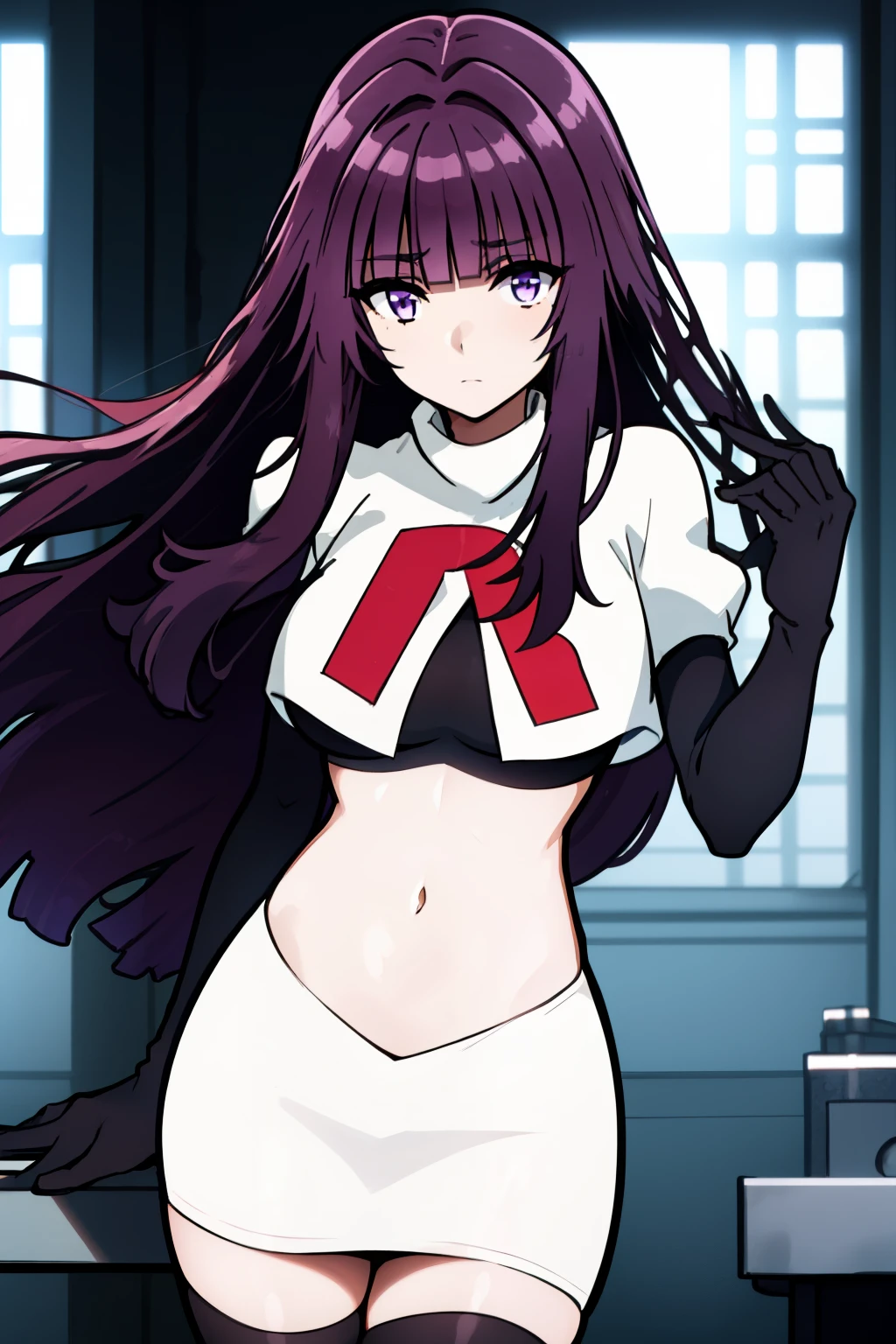 1girl, bangs, blunt_bangs, breasts, eyebrows_visible_through_hair, gloves, long_hair, looking_at_viewer, medium_breasts, purple_eyes, purple_hair, solo, very_long_hair, team rocket,team rocket uniform,white skirt,red letter R,crop top,black thigh-highs,black elbow gloves